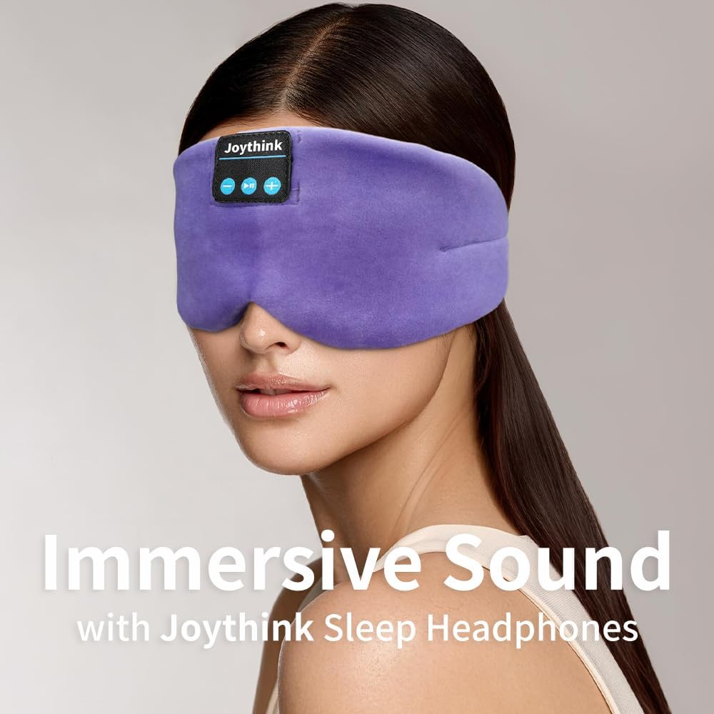 Joythink Sleep Headphones Bluetooth Sleep Mask Silk Headband Earphones Bluetooth Eye Mask for Sleeping on Side Blackout Soft Sleep Earphones Music Kids Children Eye Cover Purple - Black image number 4