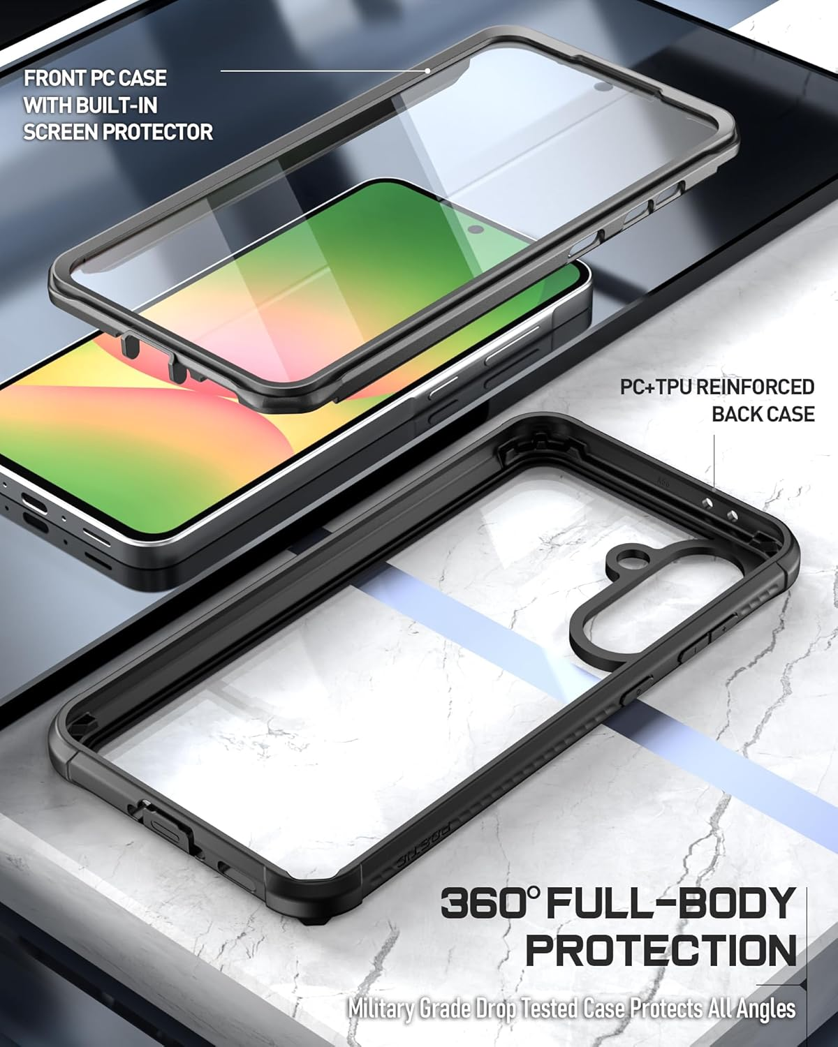 Poetic Guardian Case for Samsung Galaxy A56 5G, [2 Front Frame] [20 FT Mil-Grade Drop Tested] Full-Body Hybrid Shockproof Cover with Built-In Screen Protector, Black/Clear image number 5