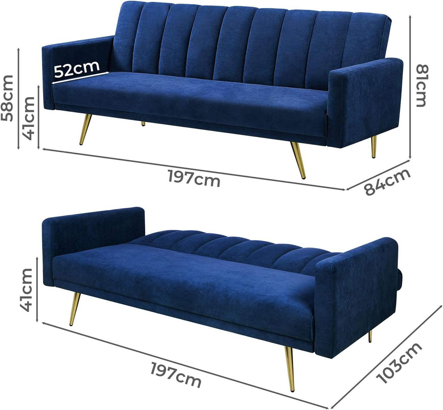LEVEDE 3 Seater Sofa Bed Convertible, Velvet Loveseat Sofa Couch, Recliner Sofa Lounge with 3 Adjustable Backrest Positions, Spare Bed for Guest, Load up to 220Kg (197Cm, Blue) image number 6