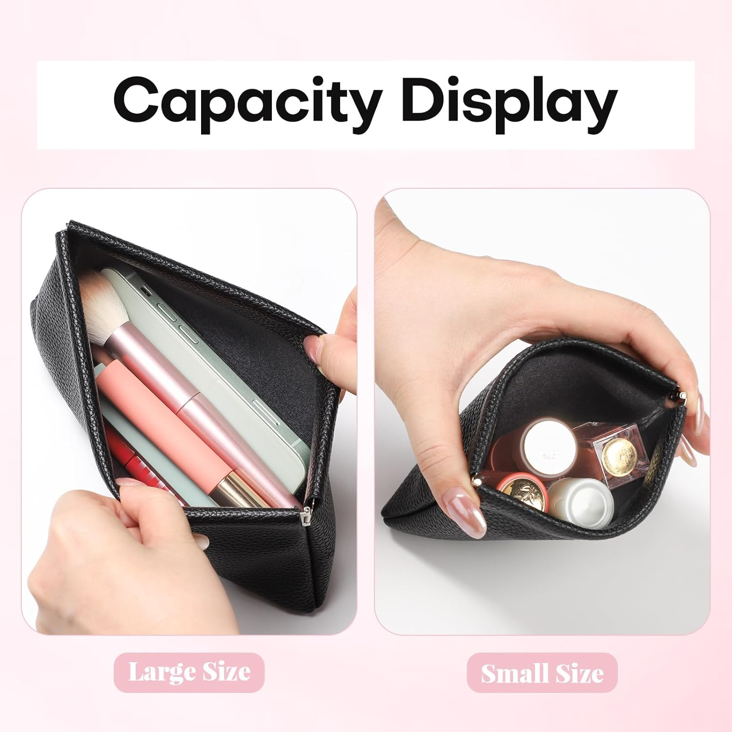 Sightor Leather Pocket Cosmetic Bag for Purse, 2 Pack Small Makeup Bag for Women Coin Purse Lipstick Cosmetic Accessories Organizer Travel Cosmetic Pouch, Black, Solid