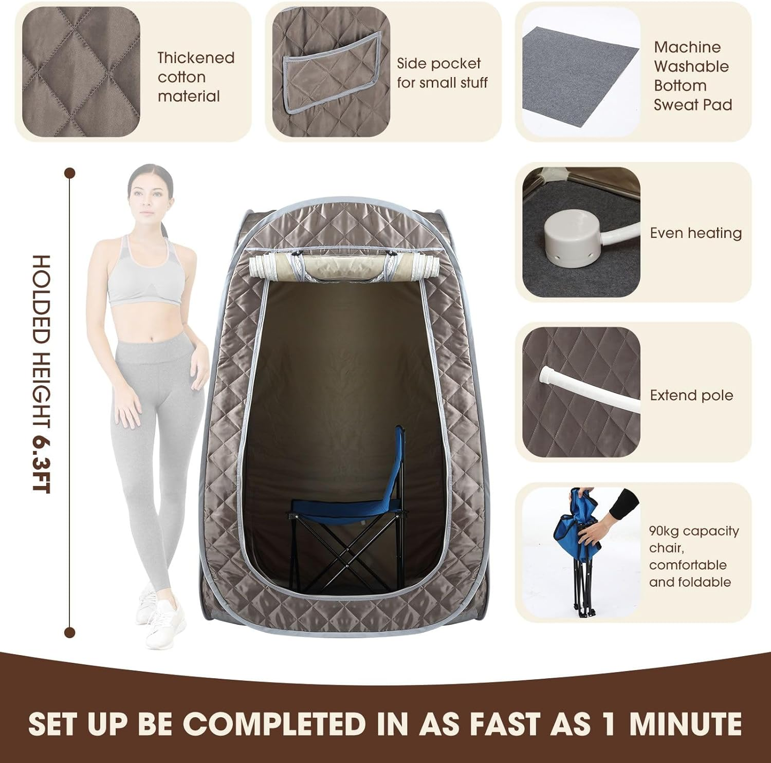 AUSWAY 3L Portable Sauna Steam Tent Room, Foldable Steamer Heating Skin Spa Box with Chair Indoor