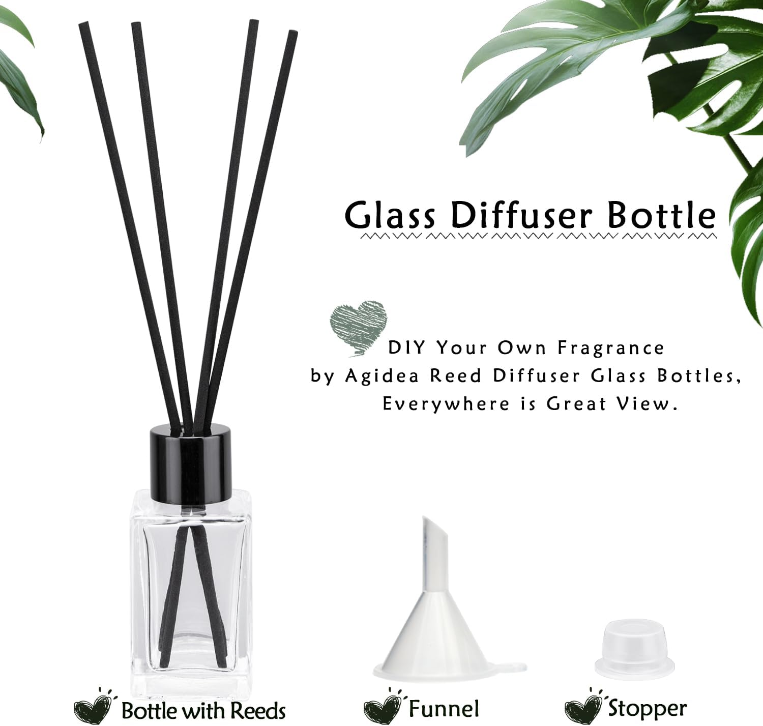 4PCS Empty Glass Fragrance Reed Diffuser Bottles, Refillable Diffuser Bottles with 20Pcs Reeds Sticks & Black Caps & Funnel, Diffuser Jars for Home Oil Fragrance Decoration (50ML) image number 1