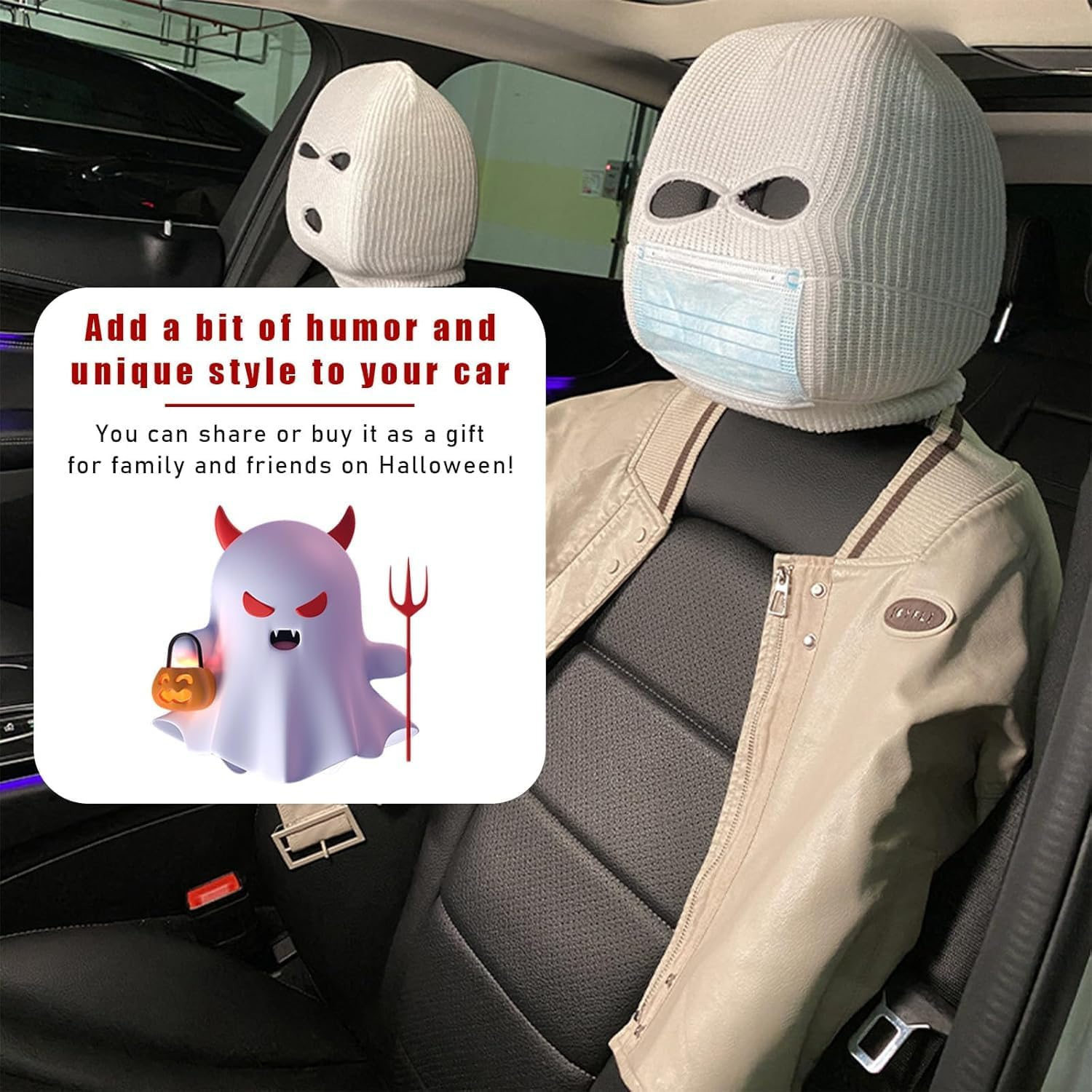 2 PCS Car Headrest Cover, Personalized Funny Car Seat Full Face Mask, Ski Mask Wrap Protection for Auto Front Seat Rest Decoration, Universal Interior Car Accessories (White) image number 2