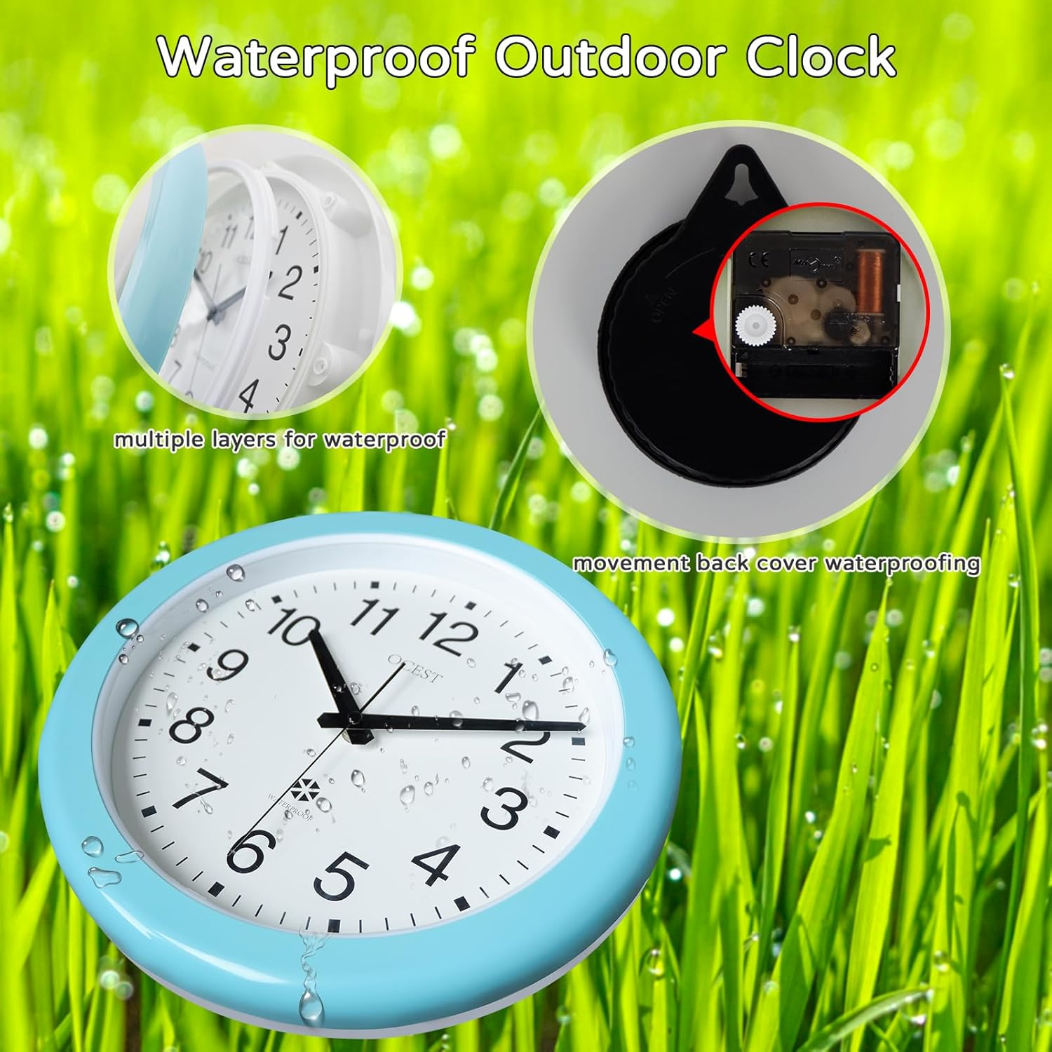 OCEST Sealed Waterproof Garden Wall Clock, 12 Inch Large Indoor Outdoor Clocks, Silent Non-Ticking Battery Operated Quartz round Decor for Patio,Bathroom, Pool, Lanai, Porch (Blue) image number 2