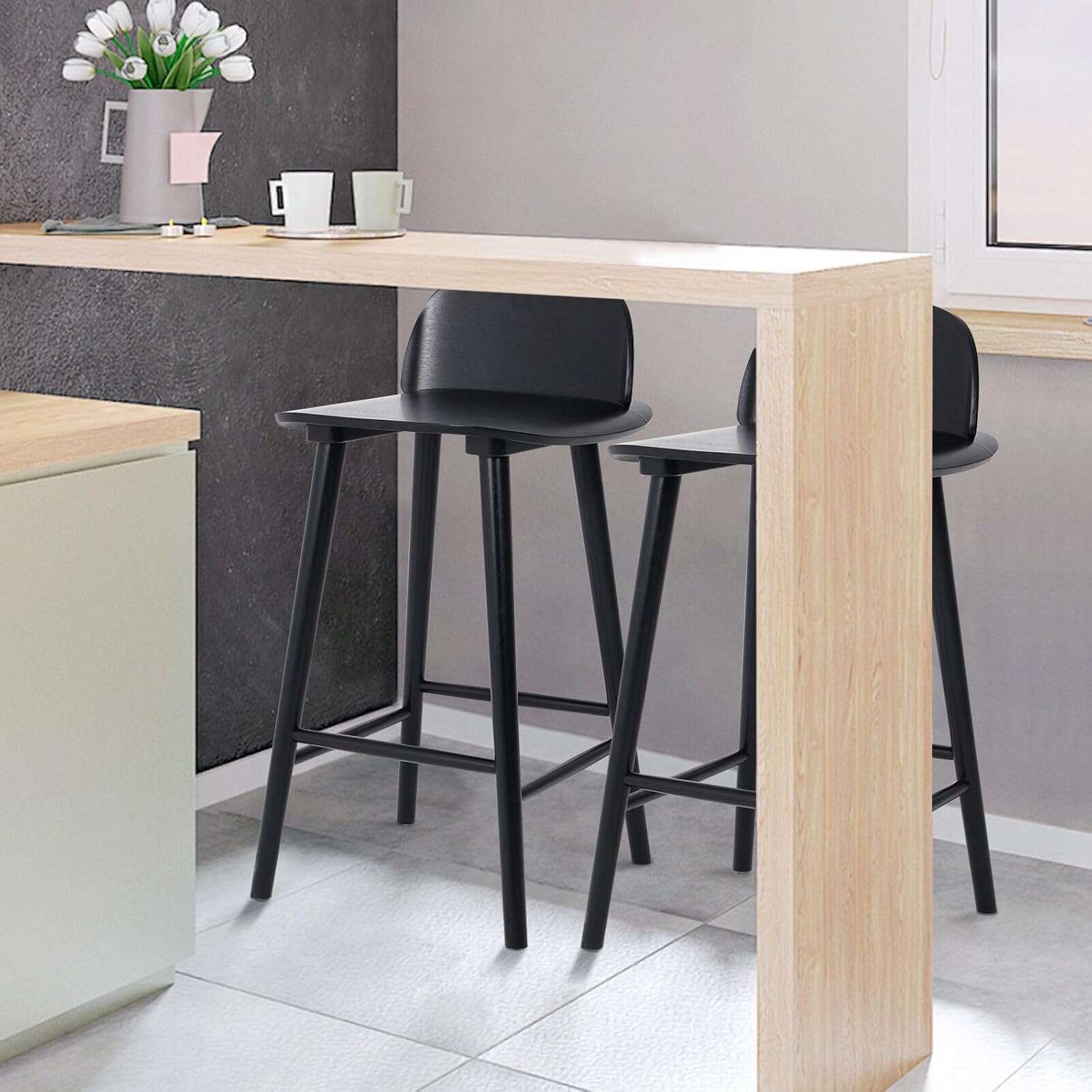 La Bella Elise Ash Wood Bar Stool Set of 2 &ndash; 65Cm Seat Height, Scandinavian Design, Wide Curved Backrest, Natural Finish, Fully Assembled, for Kitchen Island or Caf&eacute; image number 4