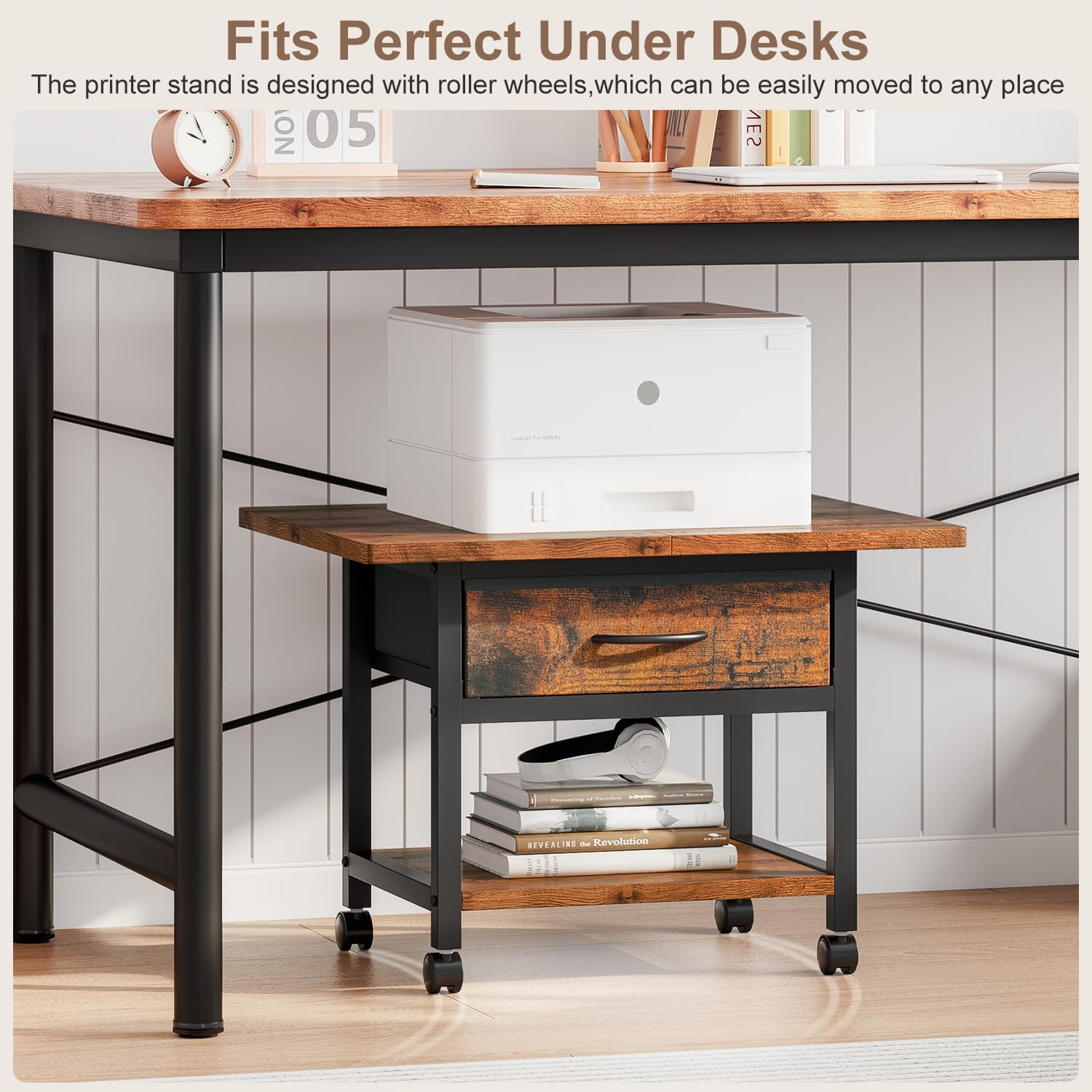 Huaniun 2 Tier Desktop Printer Stand with Storage Drawer, under Desk Printer Table, Multi-Purpose Desk Organizer Storage Shelf, Desktop Office Shelf with Wheels image number 6