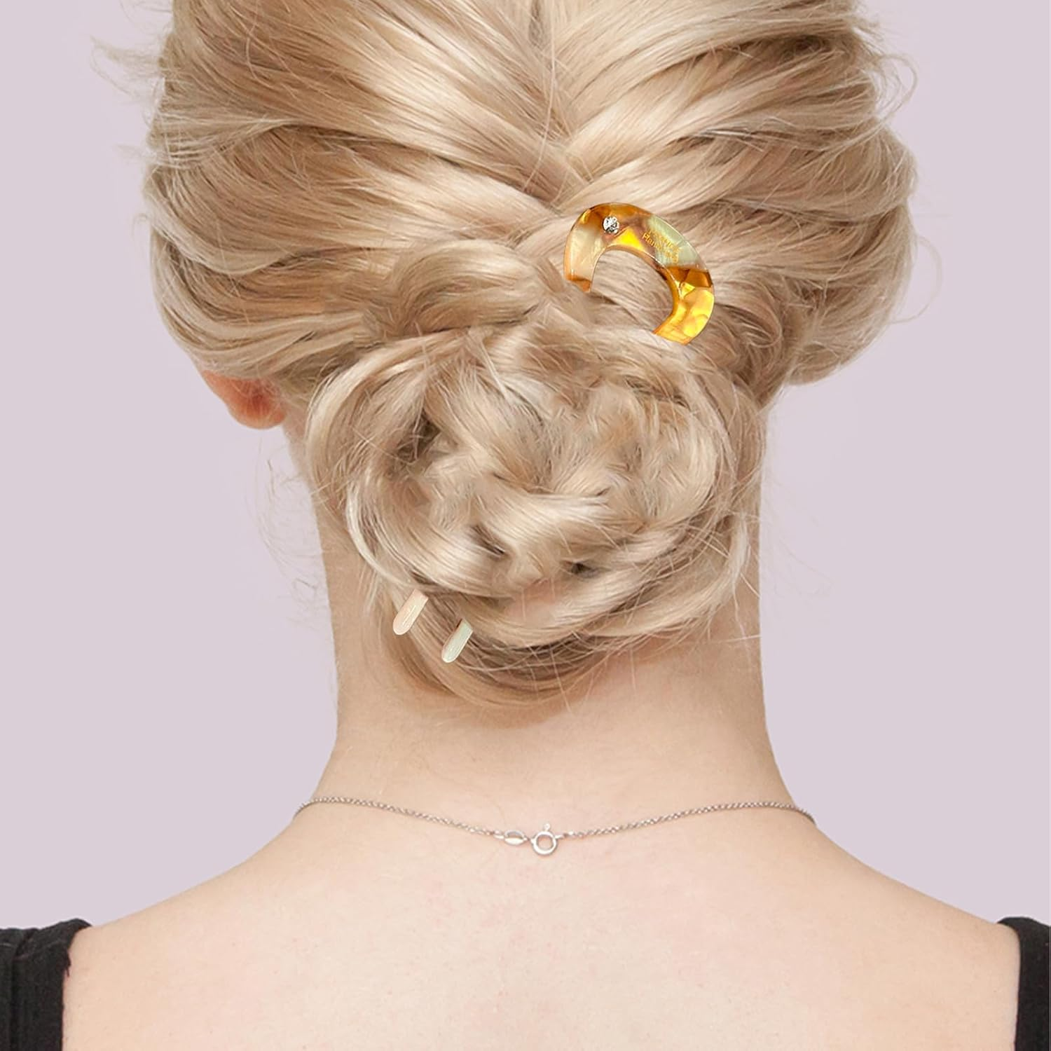 2Pcs French Rhinestone Hair Pins, U Shaped French Pin Rhinestone Style Hair Sticks Clip French Twist Hair Pin for Women Girls Thick Long Hair, Orange & Brown