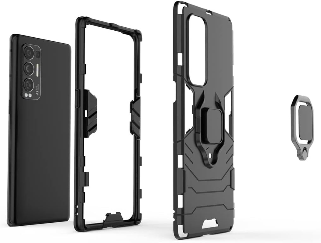 Compatible with Oppo Reno 5 Pro plus 5G Case, Metal Ring Grip Kickstand Shockproof Hard Bumper (Works with Magnetic Car Mount) Dual Layer Rugged Cover (Black)