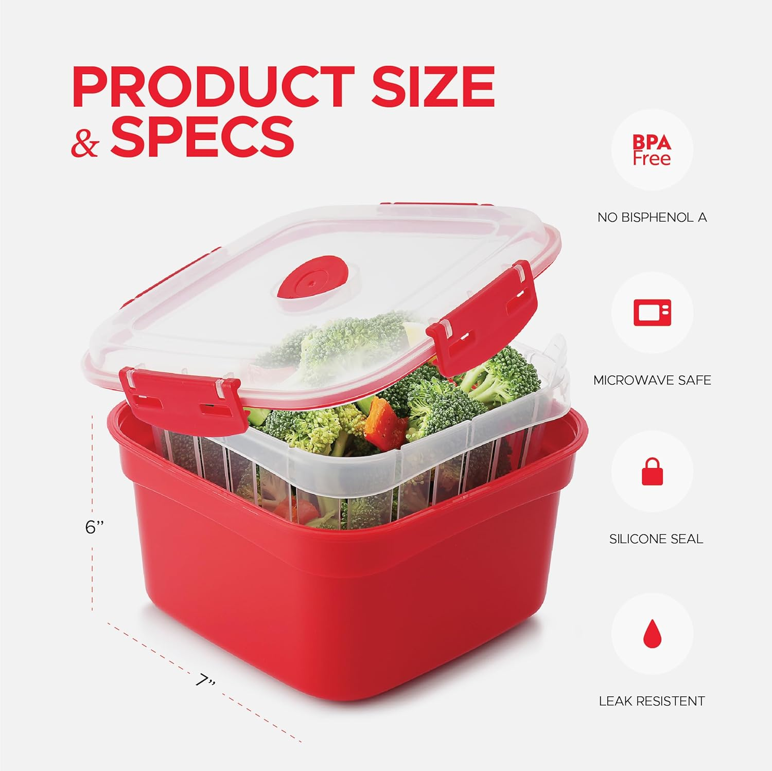 3 Piece Microwave Steamer Basket with Removable Strainer - 2 Liter Microwave Staemer for Vegetables, Broccoli & Fish - BPA Free Veggie Steamer with Airtight Locking Lid image number 2