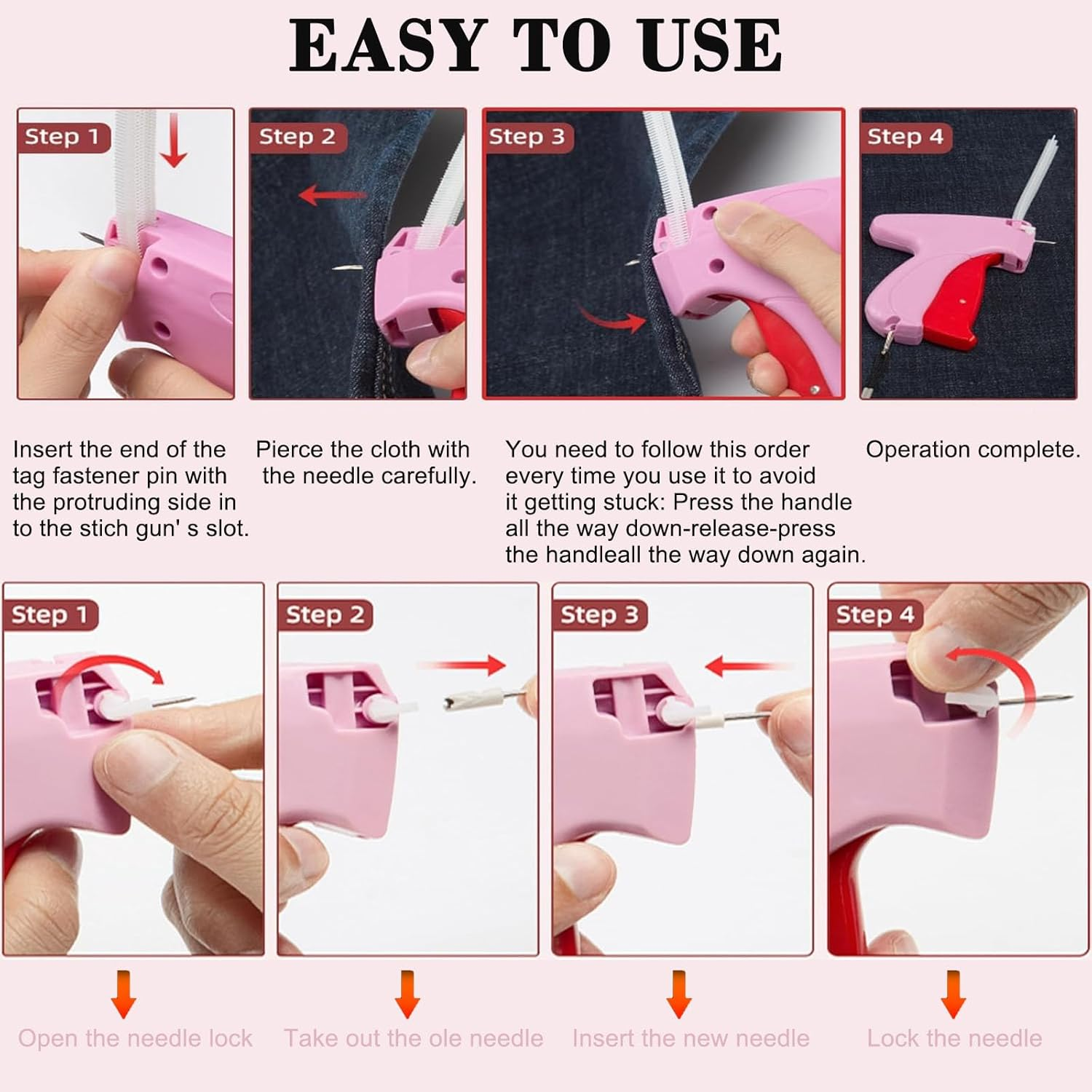 Wakouter Stitch Gun for Clothes, 5 Needle Handheld Stitch Gun Quick Clothing Fixer, Mini Sewing Kit, Micro Tagging Gun, 1000 Black Fasteners & 1000 White Fasteners, for Sewing, Hemming, Quilting (Pink) - 01 image number 5