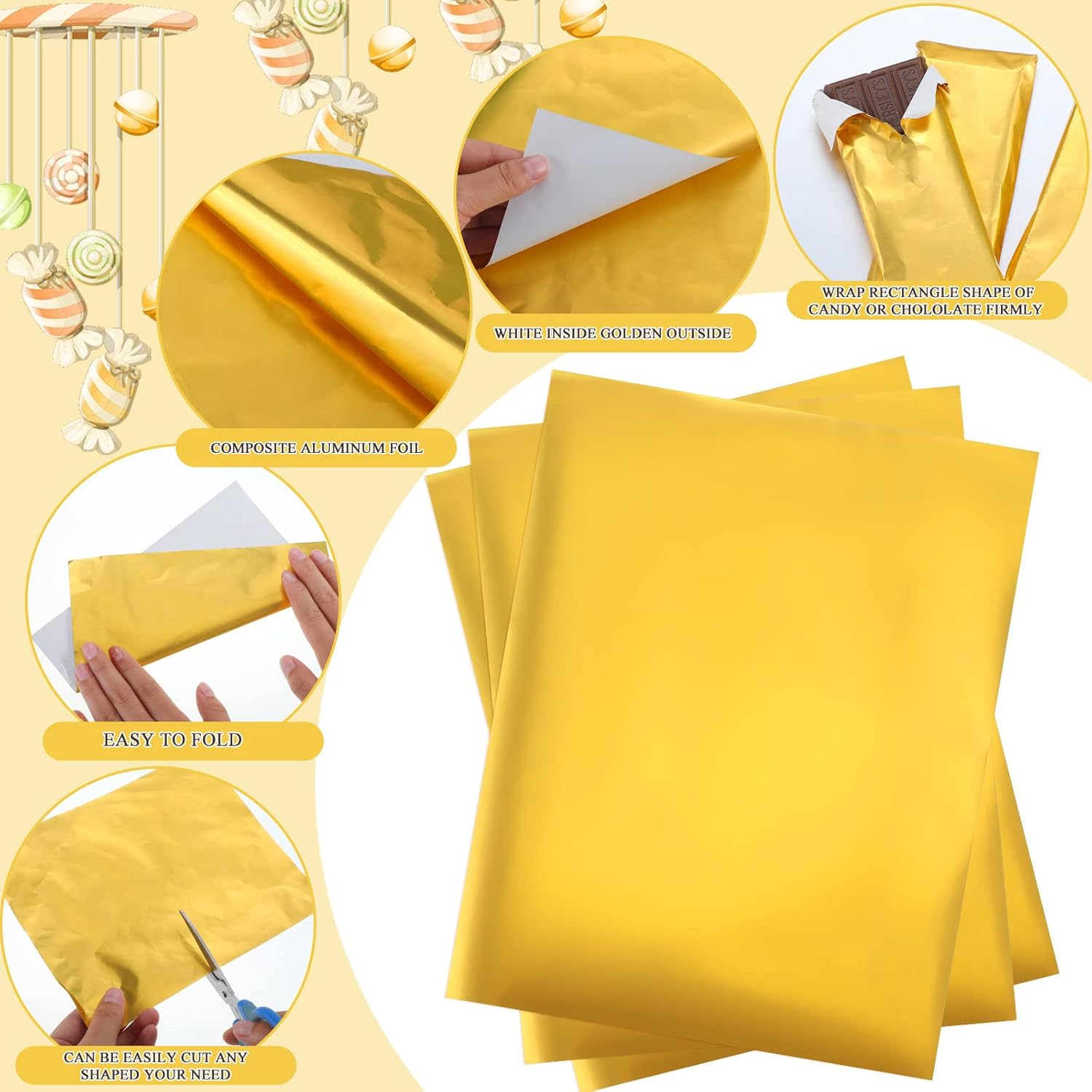 Tanlade 200 Pcs Gold Aluminium Chocolate Candy Wrappers with Thick Paper Backing, 7.5 X 6 Inch, Party, Occasion: Christmas