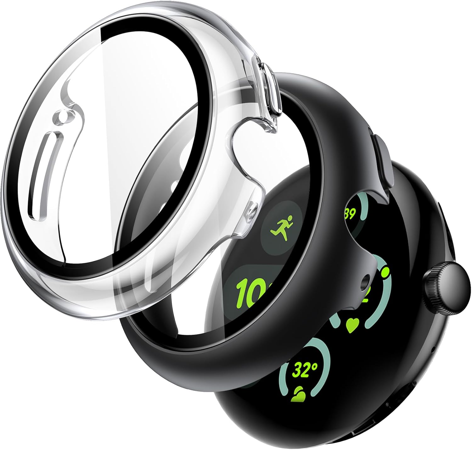 Jetech Case with Screen Protector for Google Pixel Watch 3/2/1 41Mm, Built-In 9H Tempered Glass Film Hard PC Bumper Full Coverage Protective Cover, 2-Pack (Black/Black)