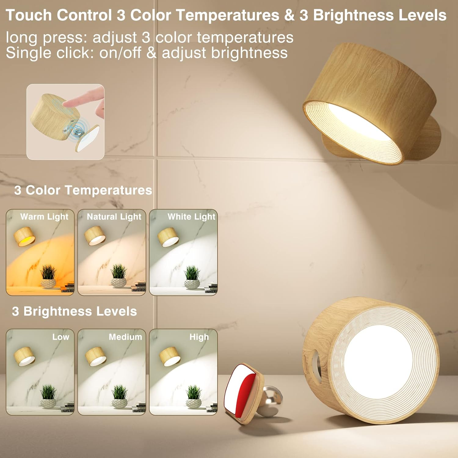 Koopala LED Wall Sconces, USB Port, Rechargeable Battery Operation, 3 Color Temperatures and 3 Brightness Levels, Magnetic Ball 360&deg; Rotation, Wireless, Bedside Reading image number 3