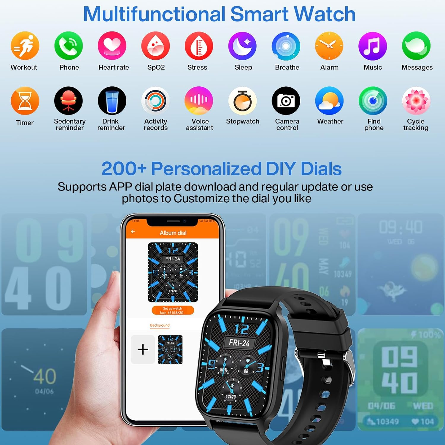 Smart Watch for Women Men, Blood Pressure Monitor Fitness Tracker, 1.85'' HD Touch Screen Pedometer, Calories, Heart Rate Sleep Monitor, IP68 Waterproof Activity Tracker Android Ios image number 5