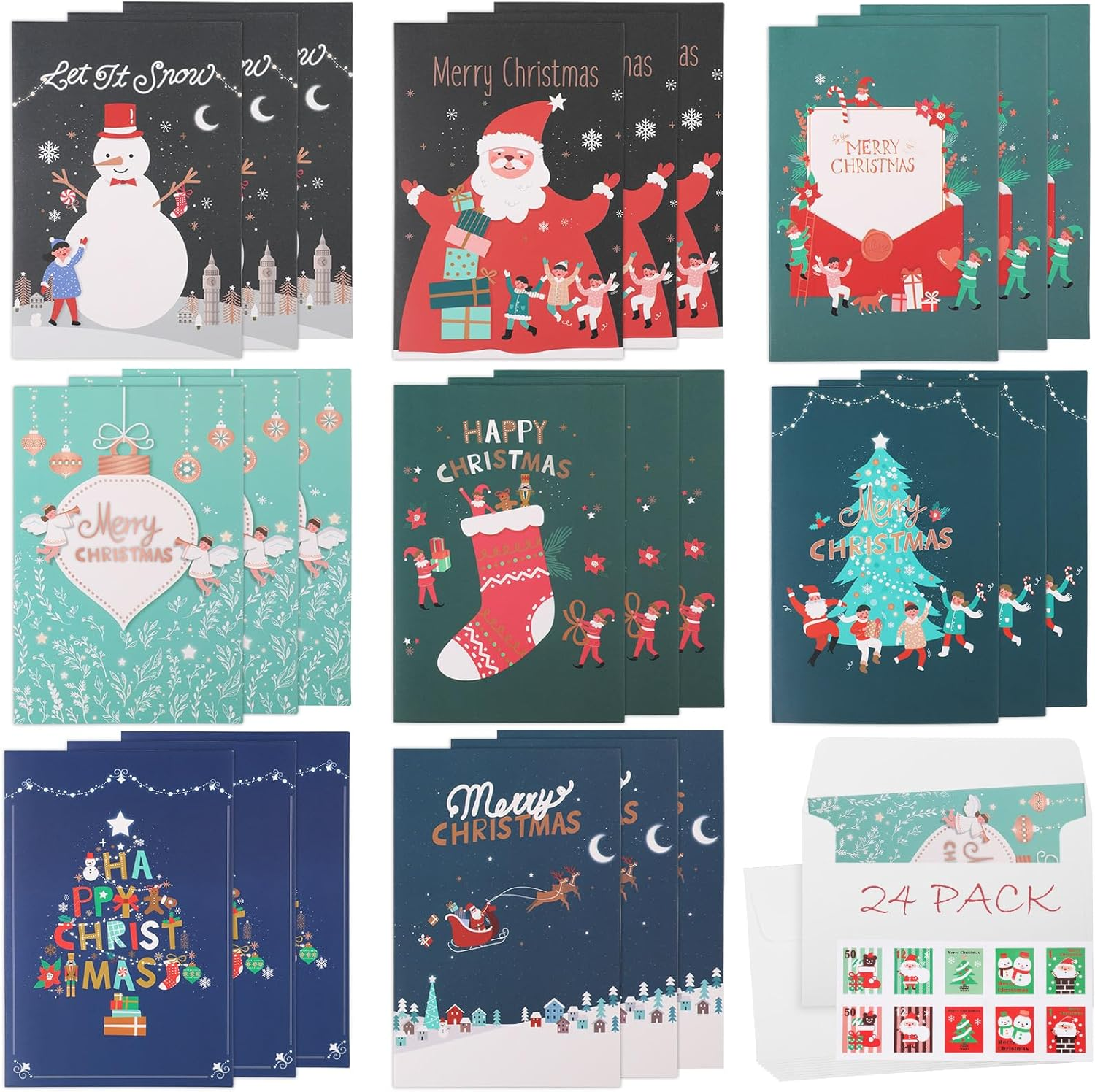Christmas Cards Assortment 24 PCS, Merry Christmas Greeting Cards with Envelopes and Sealing Stickers, Xmas Blank Note Cards with Santa Claus, Snowman, Christmas Tree for Family Friend image number 1