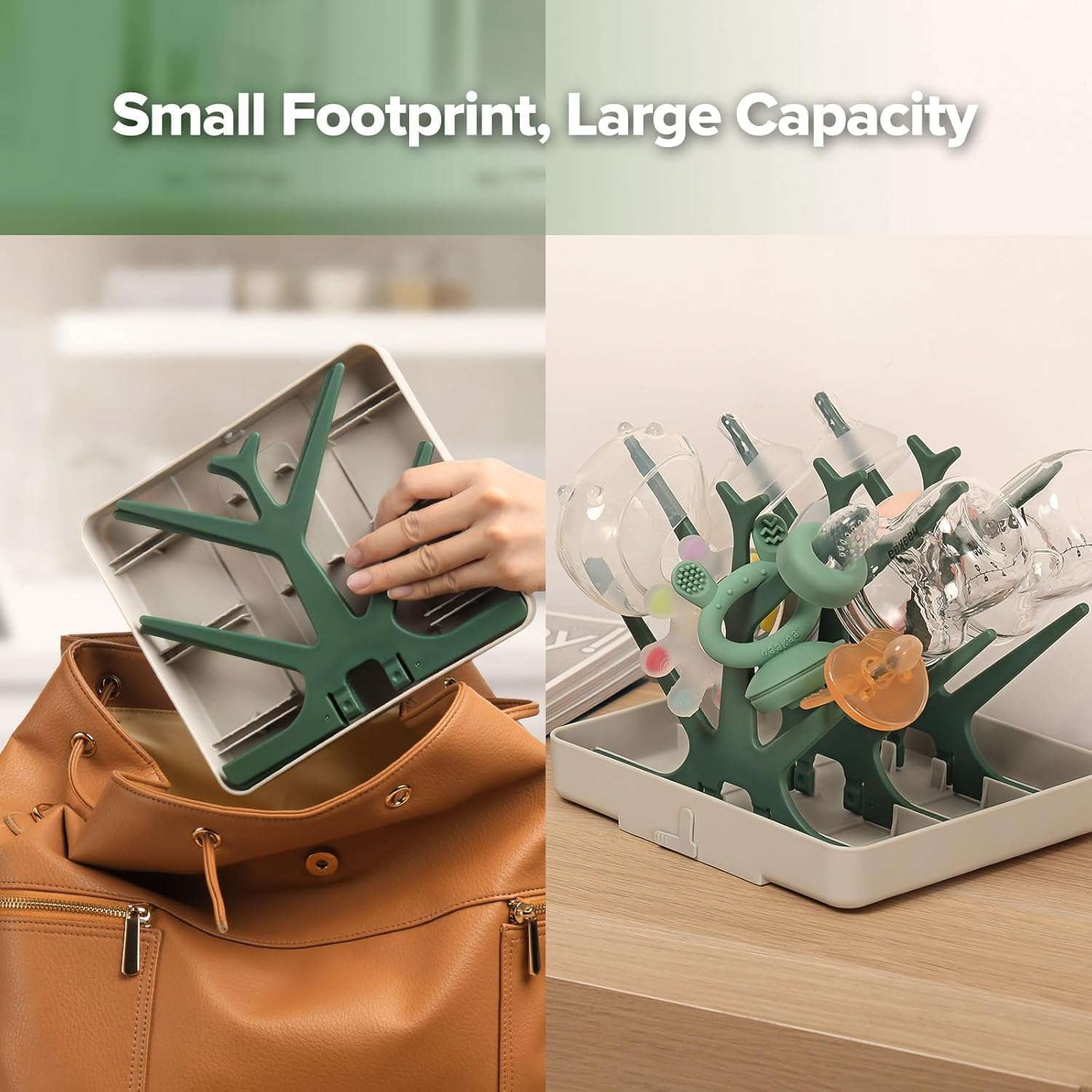 Haakaa Baby Bottle Drying Rack, Space Saving Bottle Drying Tree for Bottles/Pump Parts/Pacifiers and Other Baby Essentials, Easy-Store Dryer Rack Great for Home & Travel, BPA Free (Forest Green) - Forest Green image number 3