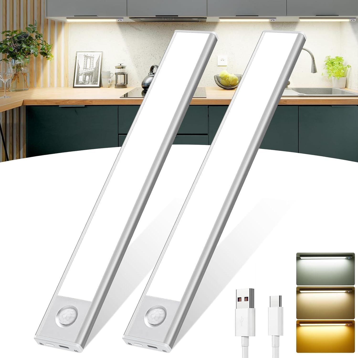 Yakiter Motion Sensor Closet LED Lights, 2 Packs 3-Color Dimming 2500Mh Rechargeable under Cabinet Night Light, 30Cm Slim Magnetic Closet Light, Wireless Light for Kitchen, Staircase, Wardrobe(2) image number 5