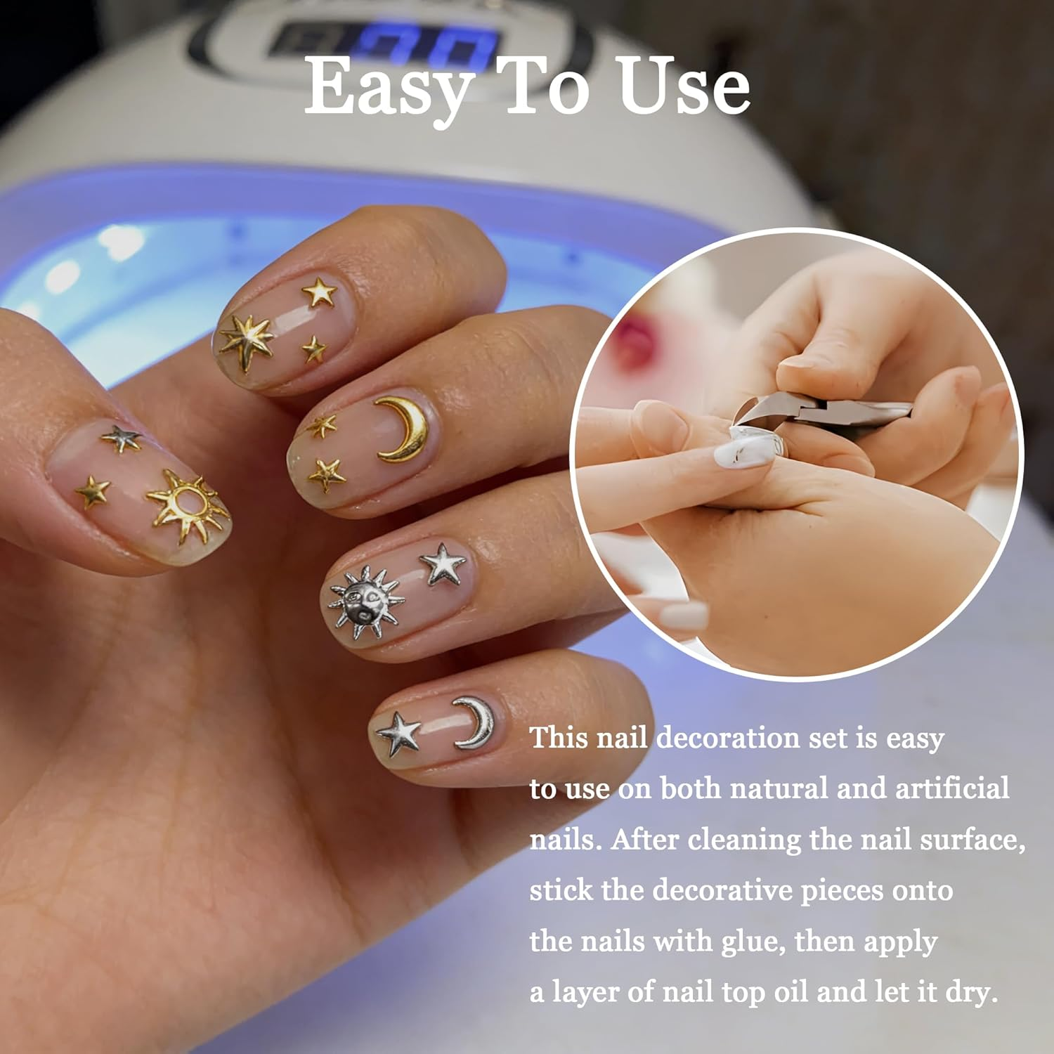 3 Pcs Gold & Silver Nail Art Charms & Rhinestones with Tweezers | Star Moon Sun Heart Nail Gems Decor for DIY Manicures, Crafting | Easy to Use for Women Girls