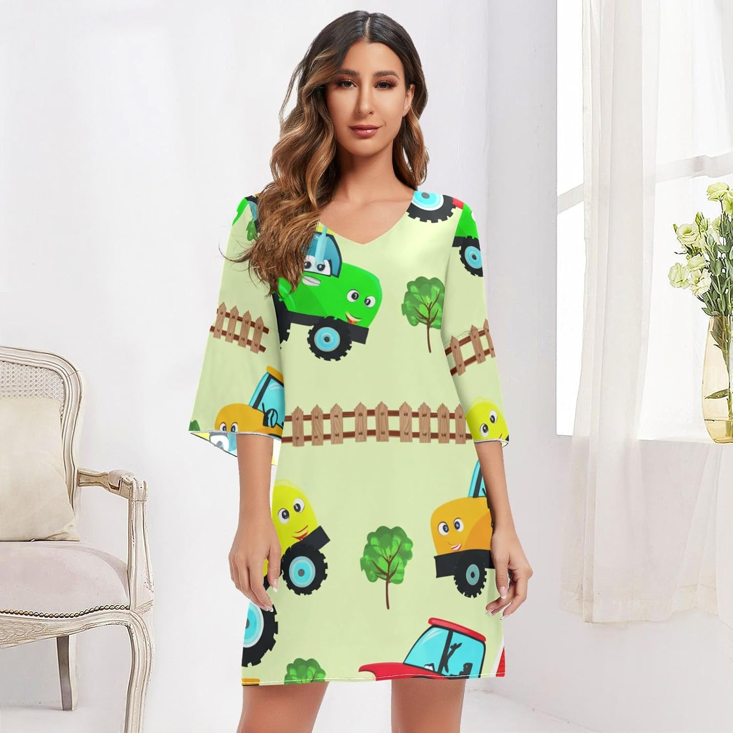 Cheerful Car Soft Spring Green Short Summer Dress Printed Line Maternity Dress S-XXL image number 2