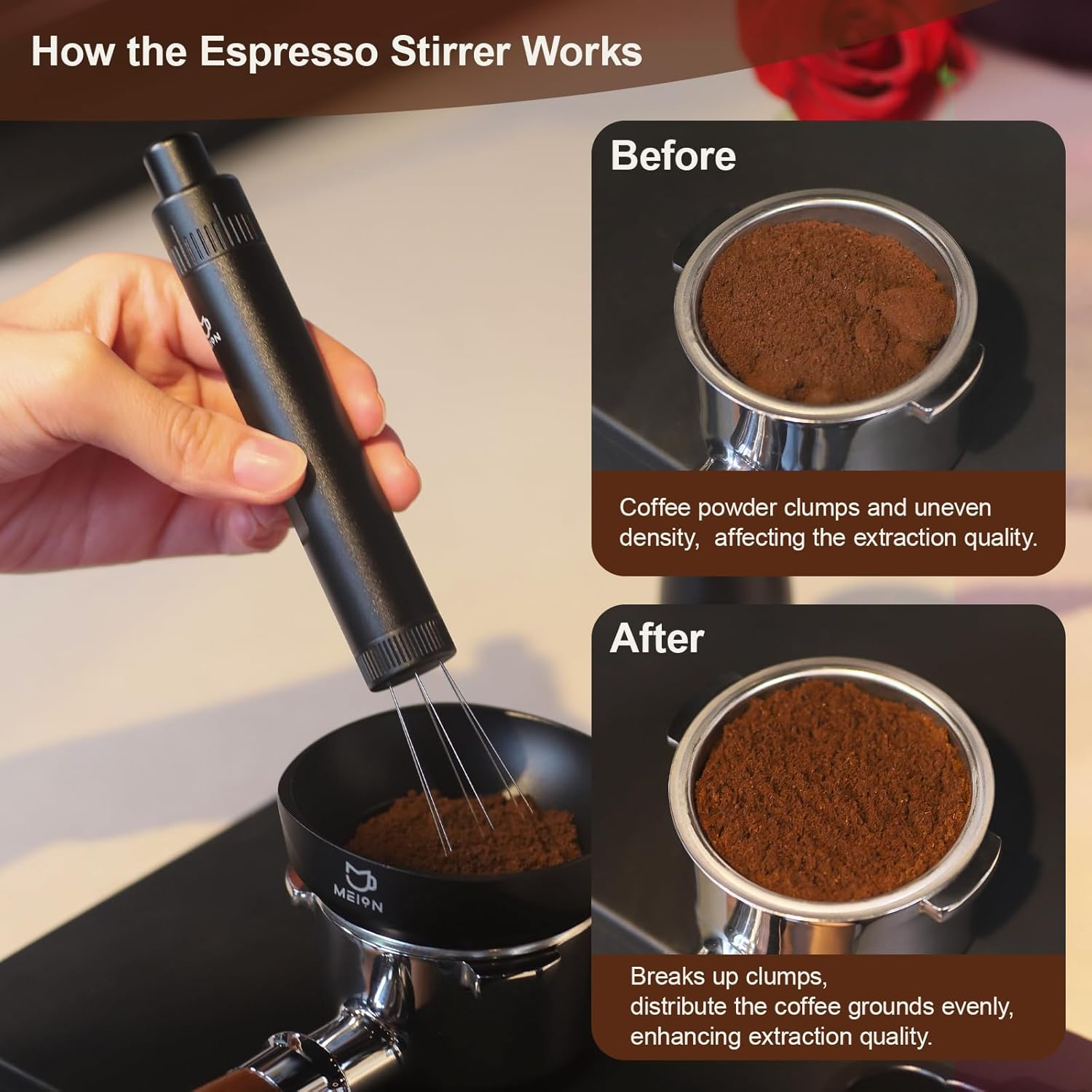 MEION Retractable WDT Espresso Distribution Tool Espresso Stirrer Tools, 0.35Mm 6 Needles Coffee Distributor with Extra 6 Replaceable Needles, Espresso Machine Accessories for Barista (Black, V2) image number 1
