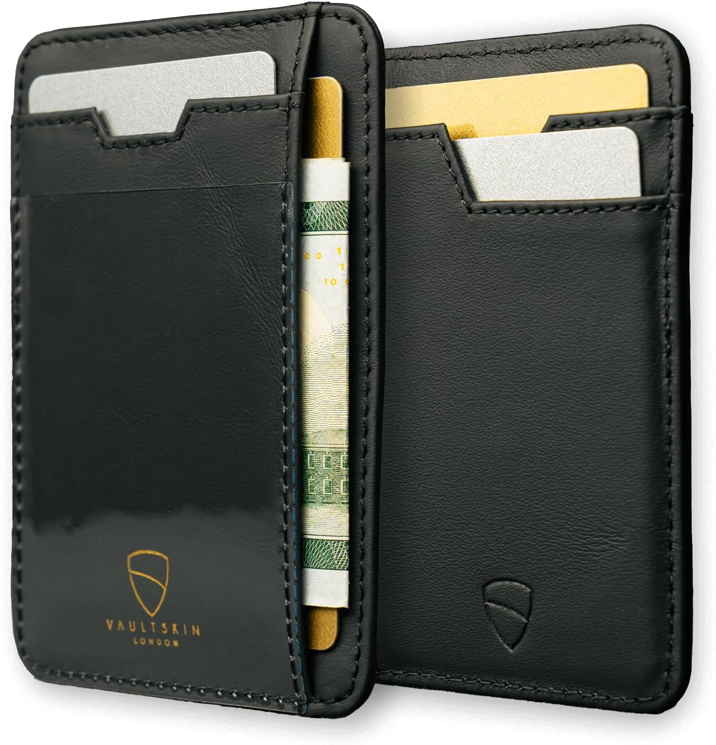 Vaultskin Brixton Slim Card Holder with ID Window - Minimalist Front Pocket Leather Wallet with RFID Protection for Men and Women (Jet Black)