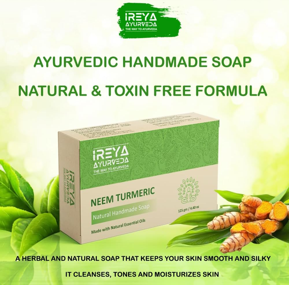 Ireya Ayurveda Neem Turmeric Soap - Ayurvedic Natural Cleansing Soap Free from Parabens, Sls and Gluten Free, Vegan, 125 G Pack of 1 image number 3