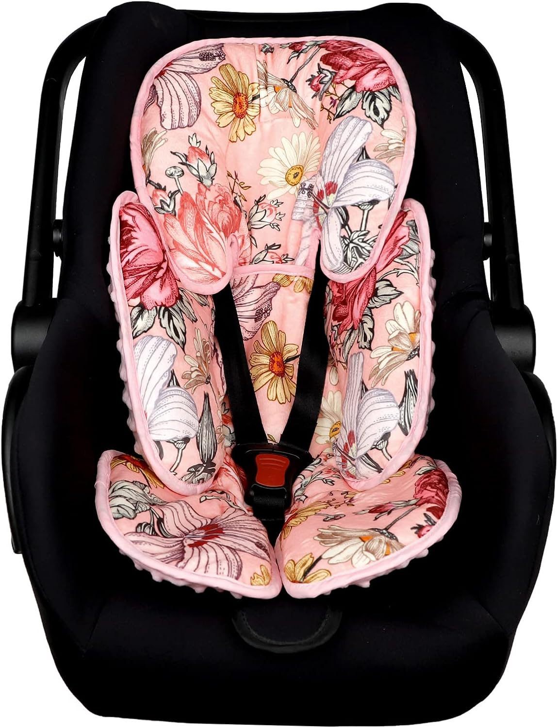 Pink Infant Car Seat Body Support Pillow,2-In-1 Reversible Carseat Insert,Soft Cushion for Swing, Bouncer,Flowers