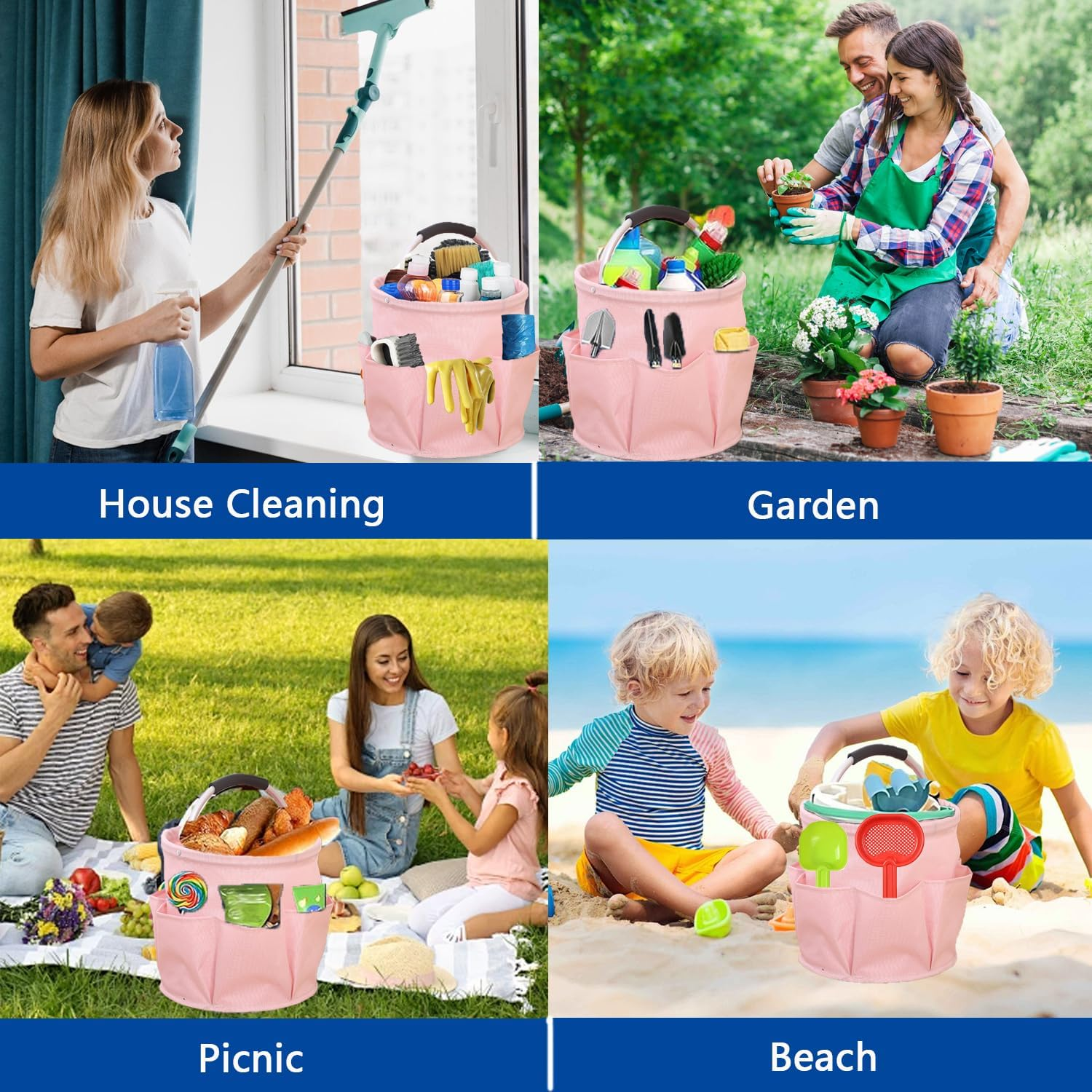 Cleaning Supplies Organiser, Cleaning Bag, Foldable Cleaning Bag, Cleaning Bag, Cleaning Agent Organiser Portable with Handle and Six Pockets for Indoor, Garden, Bathroom, Black (Pink) - Black image number 2