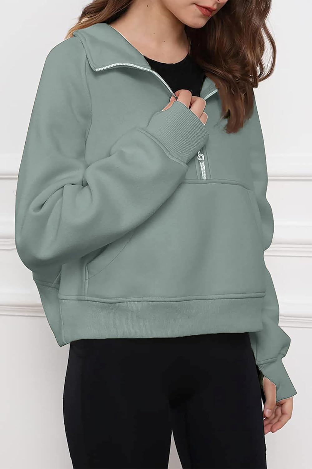 Oyamiki Womens Sweatshirt Long Sleeve Half Zip Pullover Tops Fashion Cropped Hoodie Casual Fall Fleece Lined with Thumb Hole image number 6