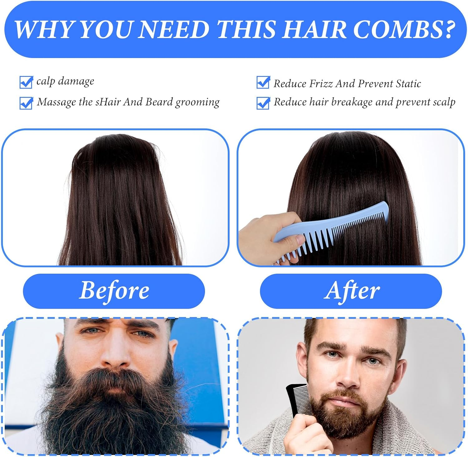 Mabor 4 Pcs Double-Sided Barber Combs, 7.17Inch All-Purpose Hair Grooming Detangling Hair Comb Plastic for Men & Women Wide & Fine Tooth for Professional Hairstyling image number 1