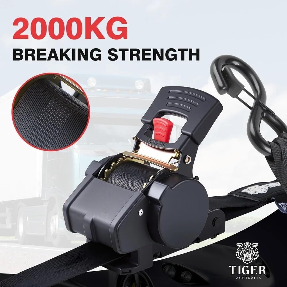 Tiger Australia Heavy Duty 50Mm X 3M Auto Retractable Ratchet Tie down Straps 2-Pack, 2000KG Heavy Duty, Upgraded to Stainless Steel Spring, S-Hooks & Storage Bag, for Trailers, Utes, Boats & Moving image number 2