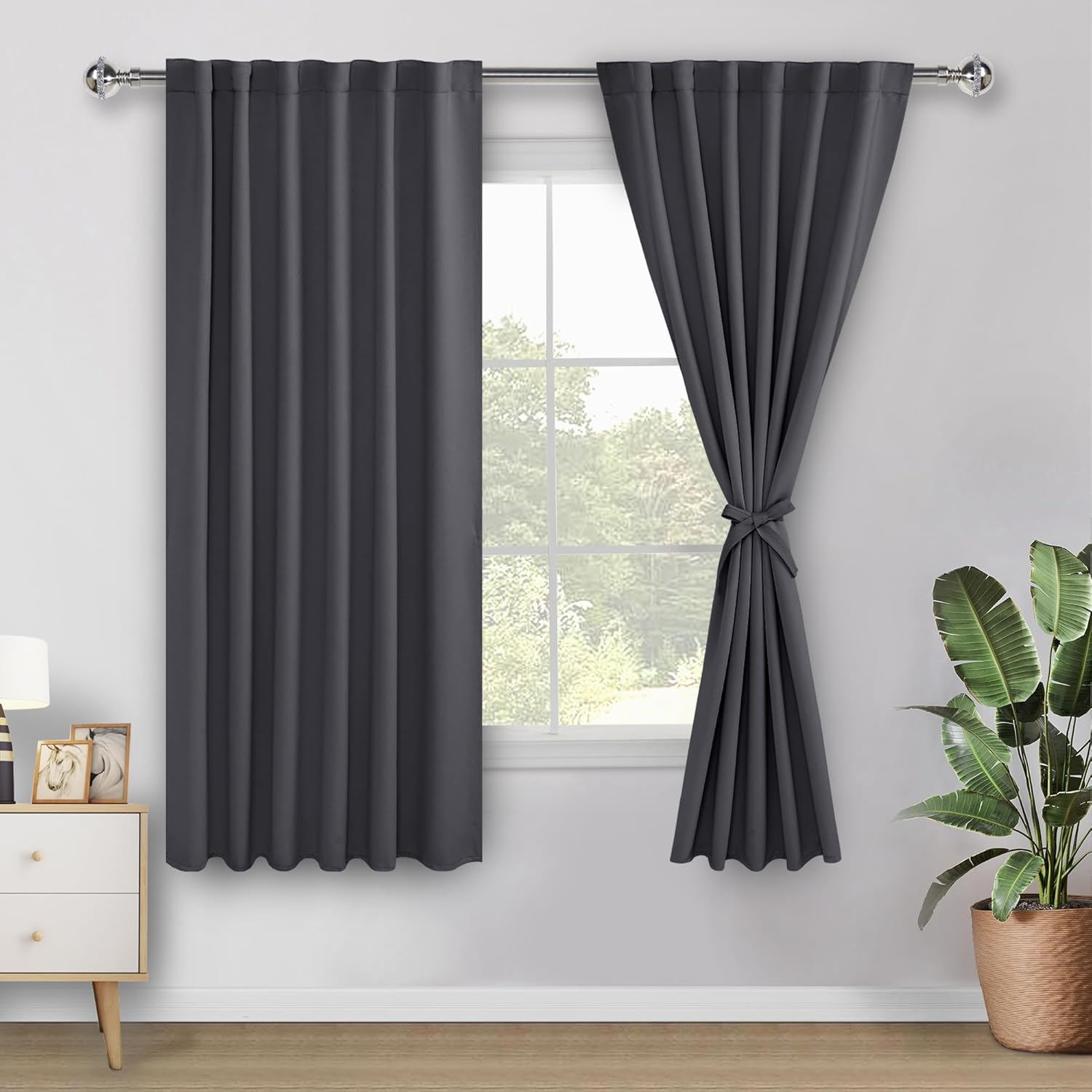 DWCN Blackout Curtains Back Tab and Rod Pocket Sewn with Tiebacks - Thermal Curtains Insulated Room Darkening for Bedroom,Each W132 Cm X D214Cm, Set of 2 Panels,Black