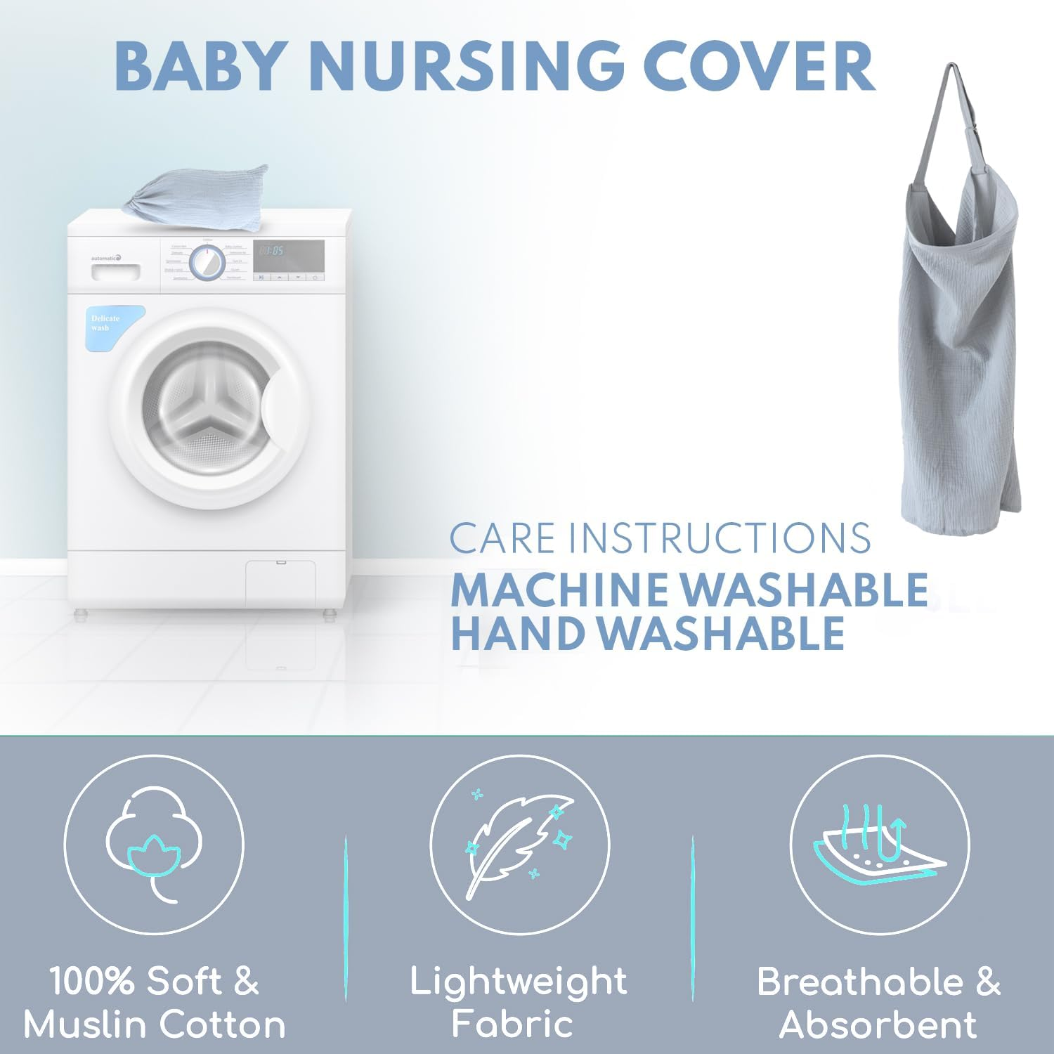 ACTIVE BABY Nursing Cover for Breastfeeding Mom with Adjustable Hoop for Hand Free Breathable Nursing Cover up | 100% Muslin Cotton Light Weight Breastfeeding Cover Wrap Shawl Scarf (Evaporation Gray) image number 4