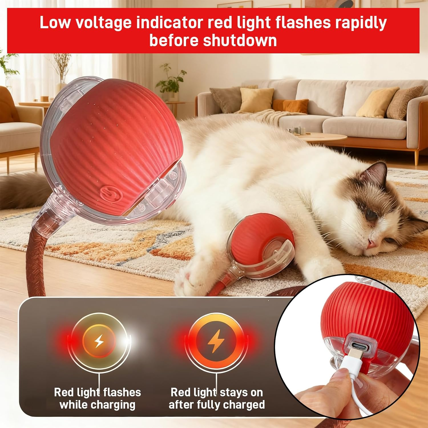 Jeyzuroa Interactive Cat Toy Ball for Indoor Cats, Automatic Moving Cat Toy with Bird Sound, USB-C Rechargeable (Red) image number 5
