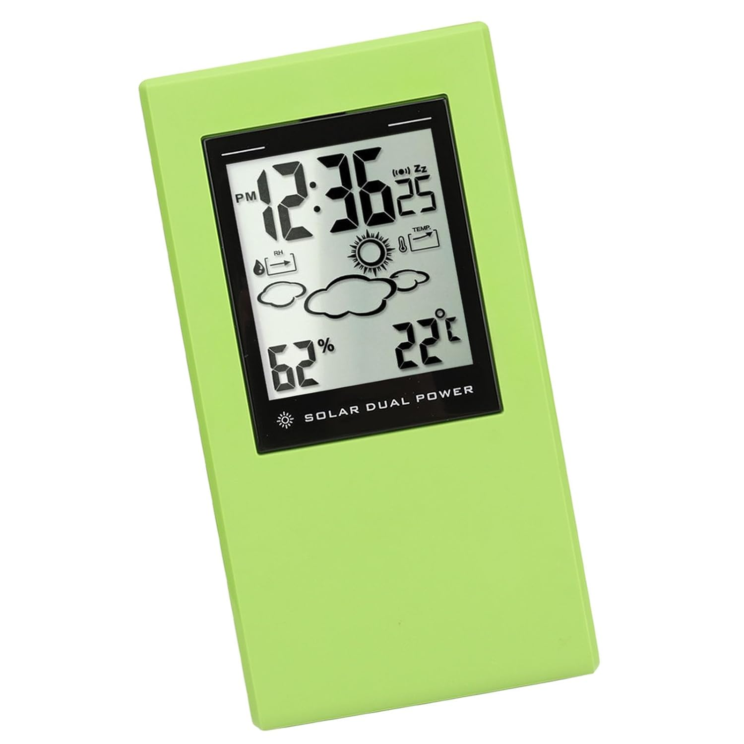 Depisuta Weather Forecast Clock, LCD Display Solar Powered Temperature Humidity Monitor with Clock for Bedroom Bedside Office Greenhouse (Green) image number 1