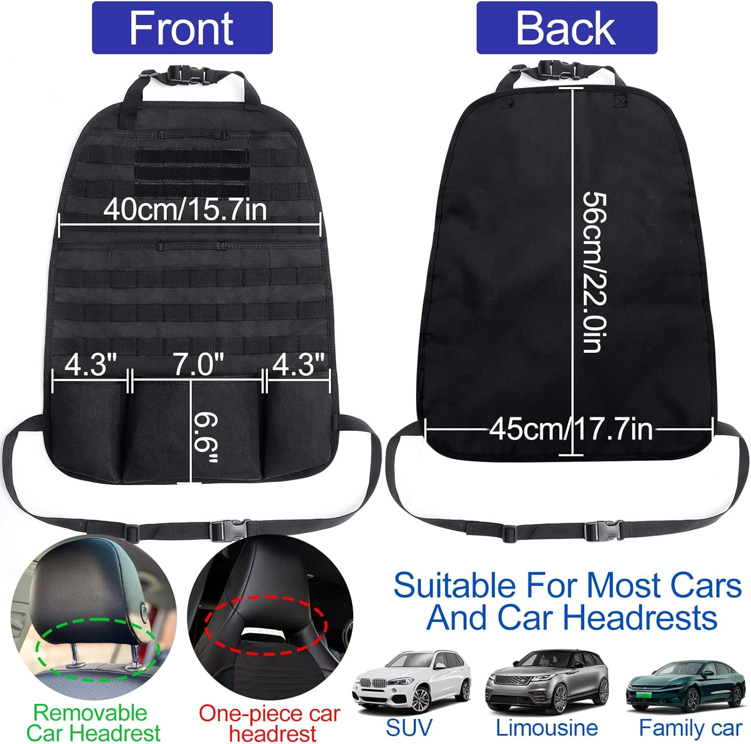 Car Seat Back Organizer, Upgraded Tactical Molle Vehicle Panel, Universal Back Seat Storage Molle Pouches Bag, Car Seat Cover Protector Kick Mat for POER Suzuki Jimny Wrangler SUV Truck, 1 Pack