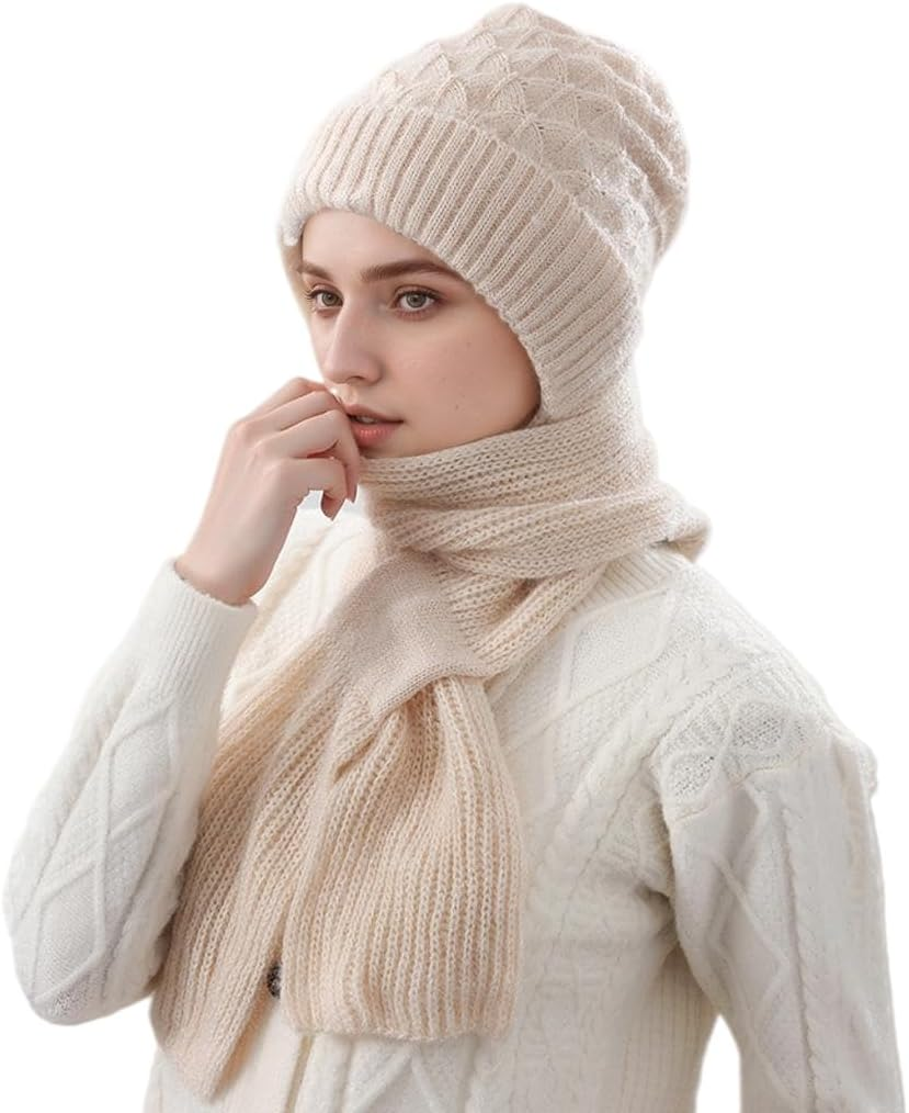 Women Winter Beanie Hats Scarf One-Piece Fleece Lined Warm Knit Ear Protection Integrated Hooded Scarf Cap
