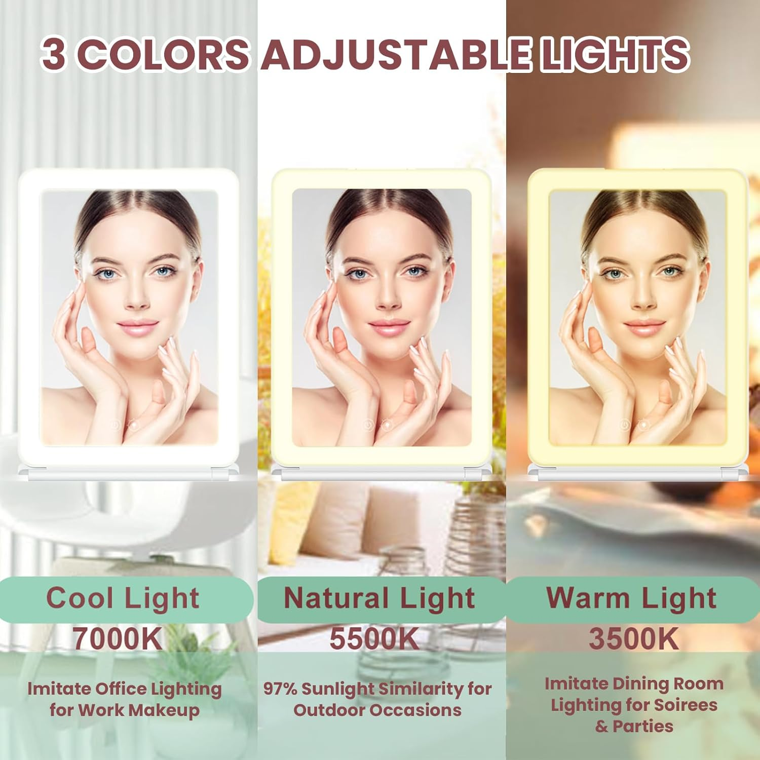 ROTOPATA Rechargeable Travel Makeup Mirror with 5X Magnification, Portable Lighted Travel Mirror with 72 Leds, 3 Color Lighting Foldable Compact Vanity Mirror with Dimmable Touch Screen image number 4