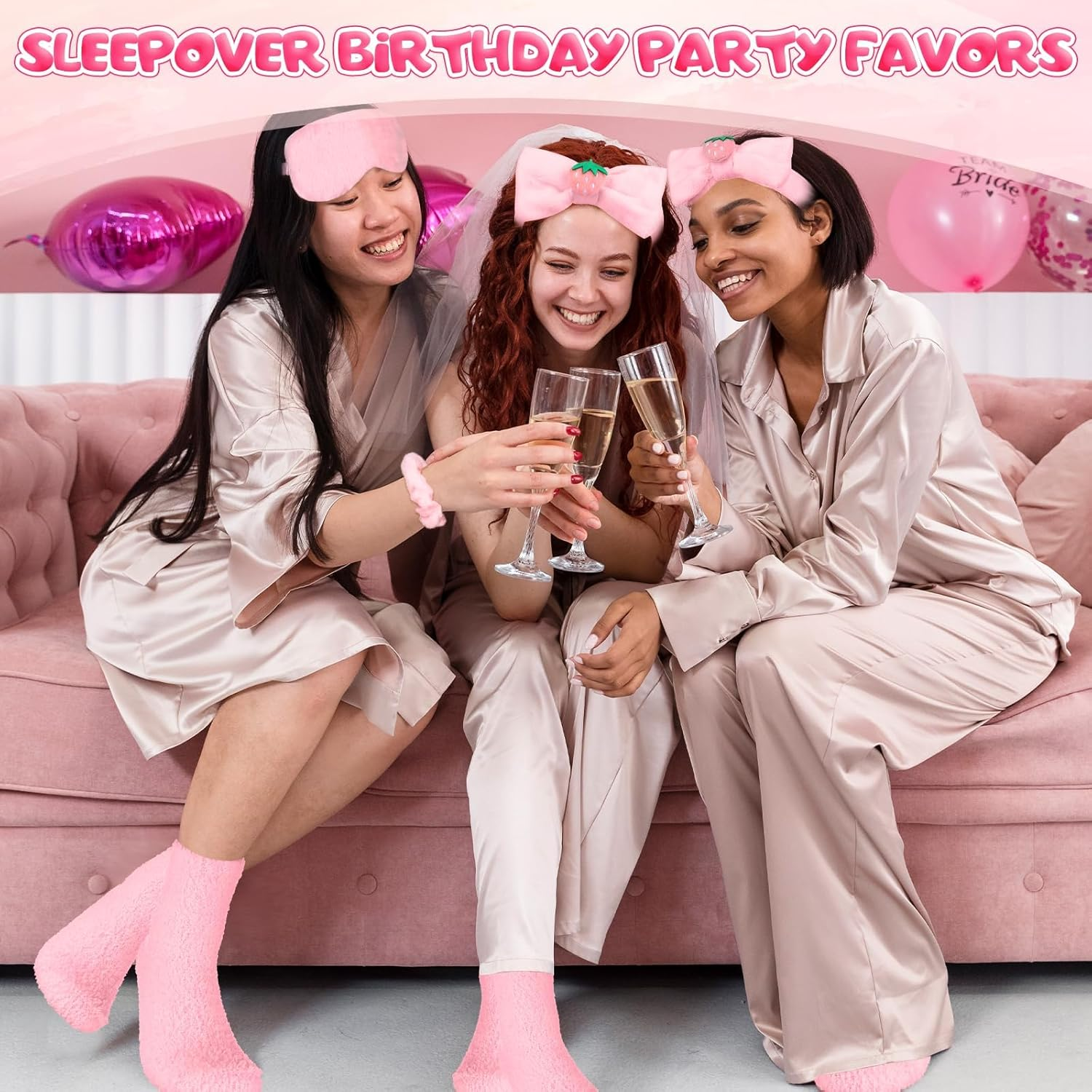 Girls 30 Piece Playset Pyjamas 6 Spa Hair Bands with Bow Strawberry Pink 6 Plush Sleep Masks 6 Velvet Scrunchies 6 Pairs Fluffy Socks 6 Makeup Bags image number 4