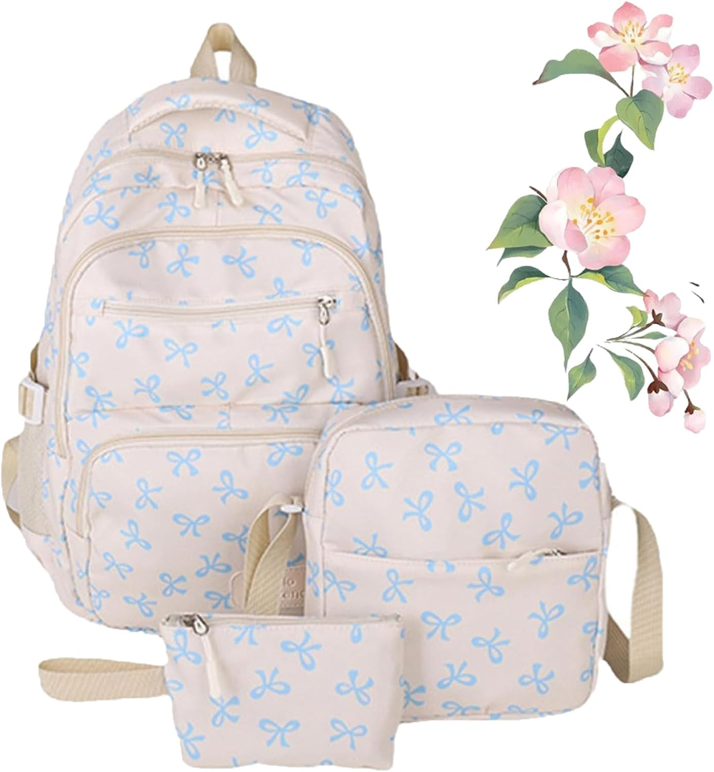 3Pcs Set Bow Backpack for Girls, Pink Bow Backpack, College Style Large Capacity Nylon Bow Bookbag Set