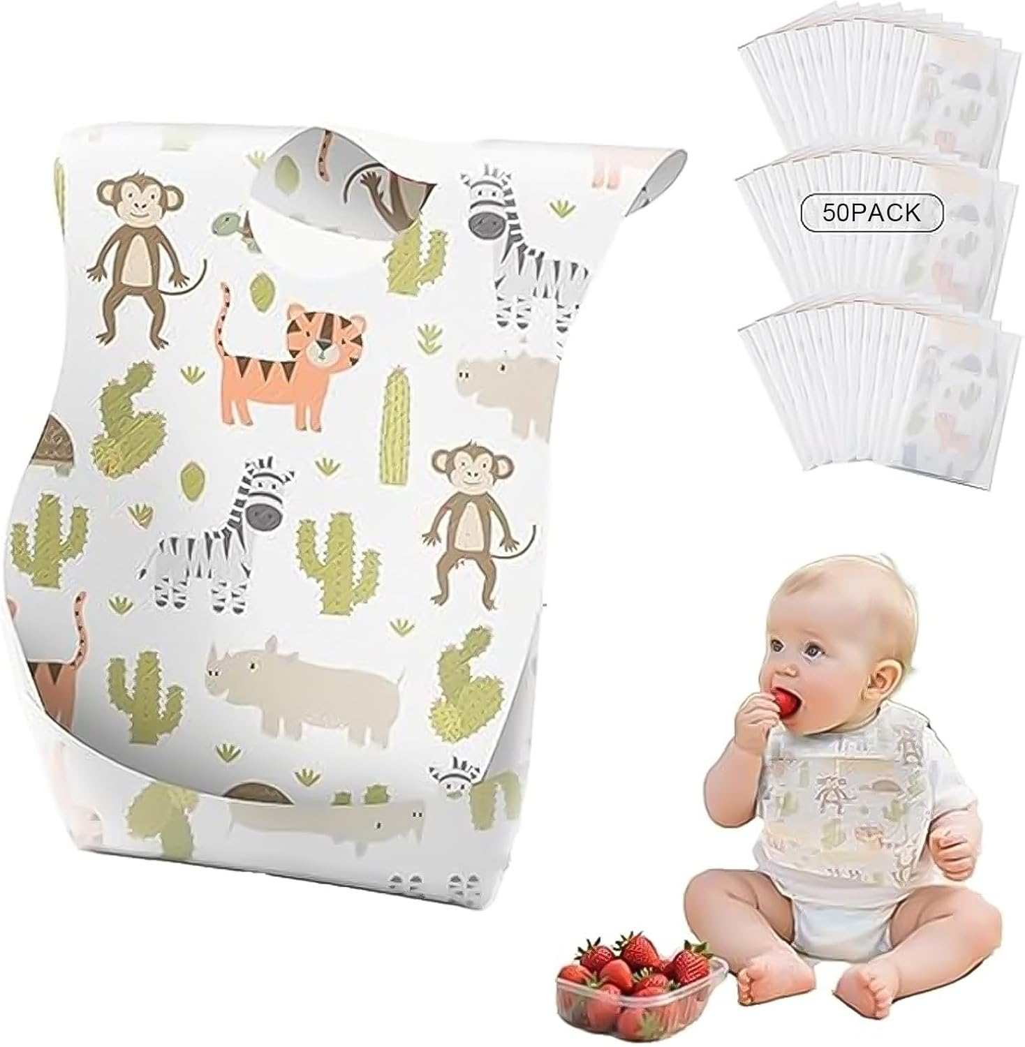 50 Pcs Disposable Baby Bibs for Baby Boys and Girls,Individually Packaged Baby Bibs with Catcher and Leakproof Liner for Toddler Feeding, Velcro Closure Feeding Bibs,Baby Travel Essential image number 4