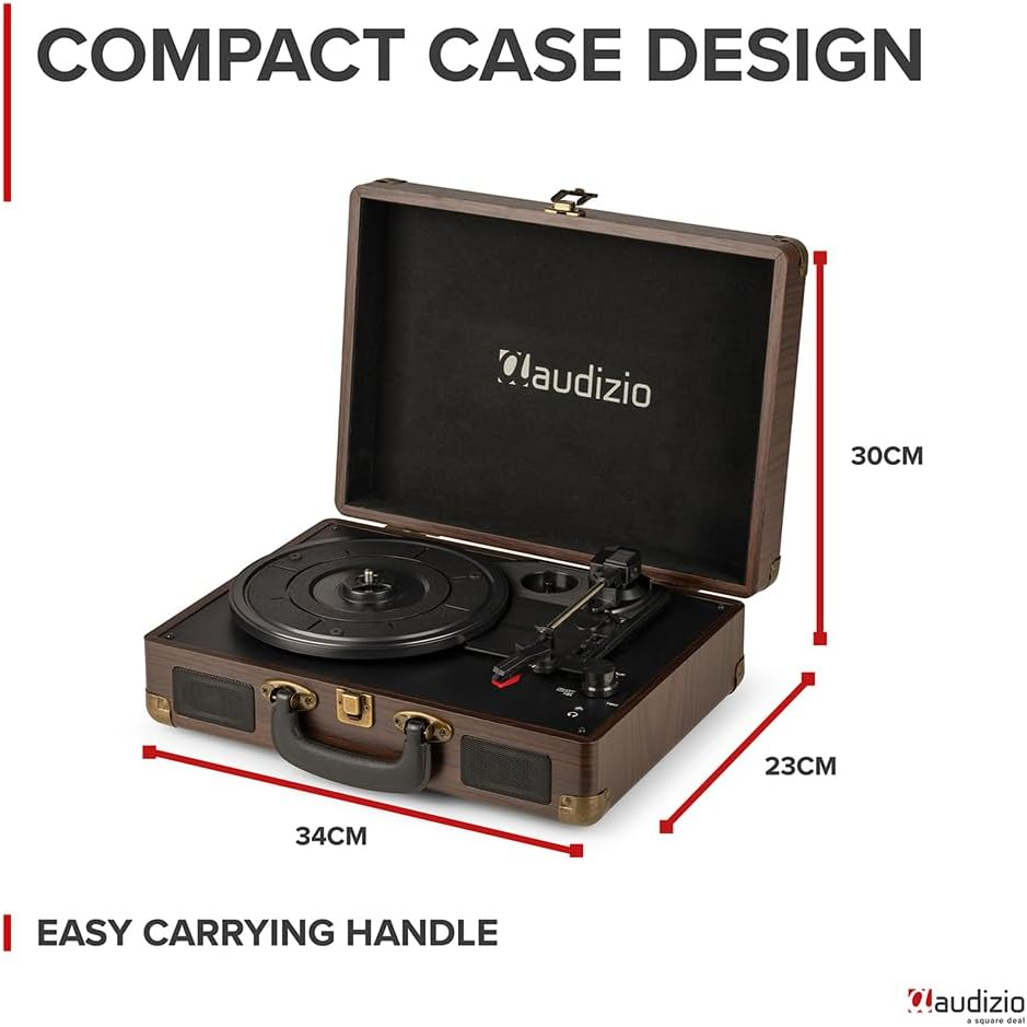 Audizio Turntable Briefcase Record Player | USB Retro Record Players for Vinyl with Speakers | 3 Speeds | Convert Retro Vinyl to Mp3 via USB | RCA Output/Aux 3.5Mm (Wood) image number 3