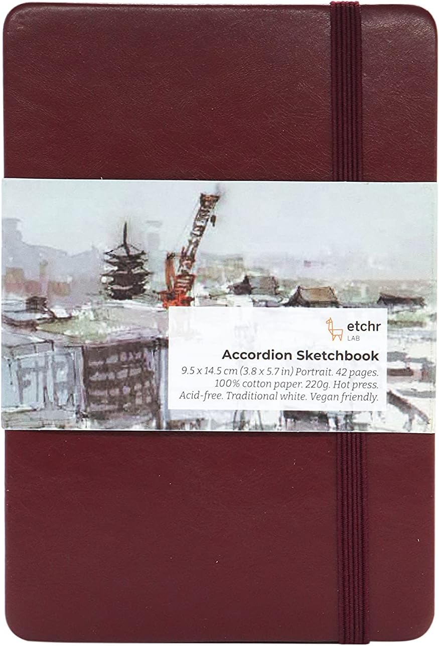 Etchr Watercolor Sketchbook Accordion 5X8In - 100% Cotton Watercolor Paper Journal - Hot Press Watercolor Paper