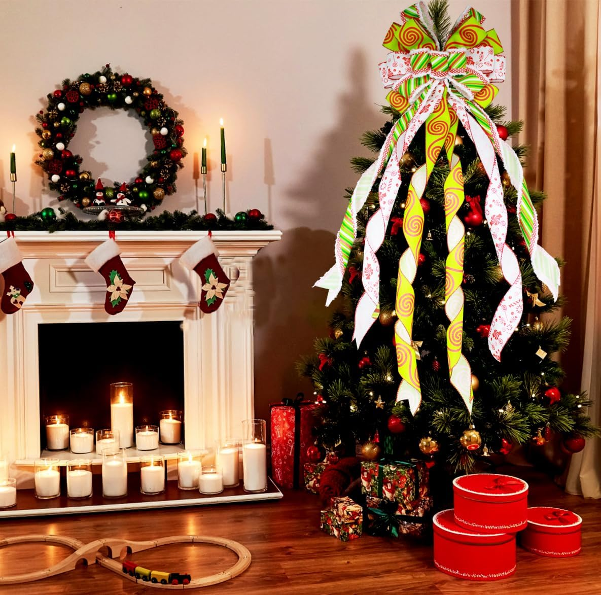 Christmas Tree Topper Large Green Christmas Bow Tree Topper, Candy Green Stripe Swirl Gift Bow for Xmas Tree Handmade Holiday Party Home Wedding Indoor/Outdoor Decorations -13 X 45 Inch image number 5