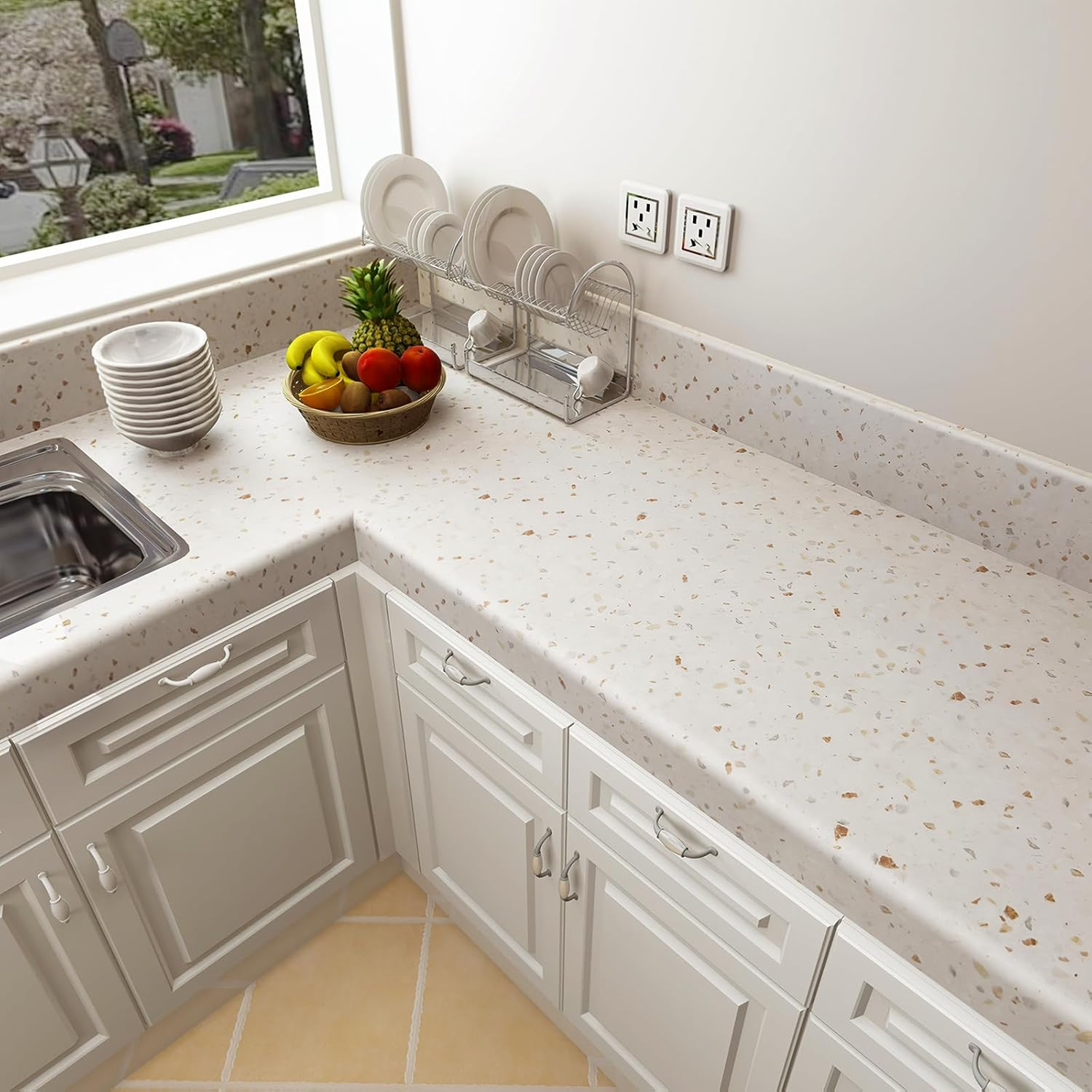 IDEALROOM 40Cmx9M Cream Terrazzo Wallpaper Peel and Stick Faux Marble Textured Contact Paper 3D Sticky Thickened Waterproof Wall Covering Granite Look Sticker Paper Roll for Floor Countertop Kitchen image number 2