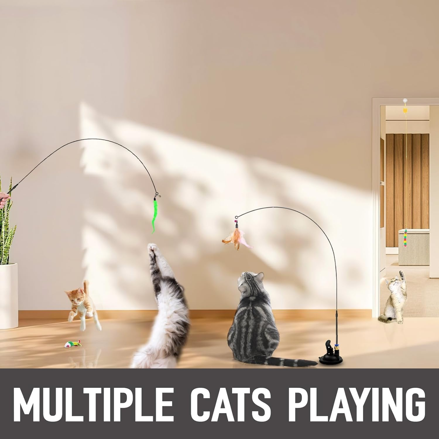 4-In-1 Interactive Cat Toys Set - Feather, String, Stick & Cat Wand Toys with 15 Replaceable Attachments for Indoor Kitten (Includes Super Suction Cup & Hanging Door Toy) image number 6