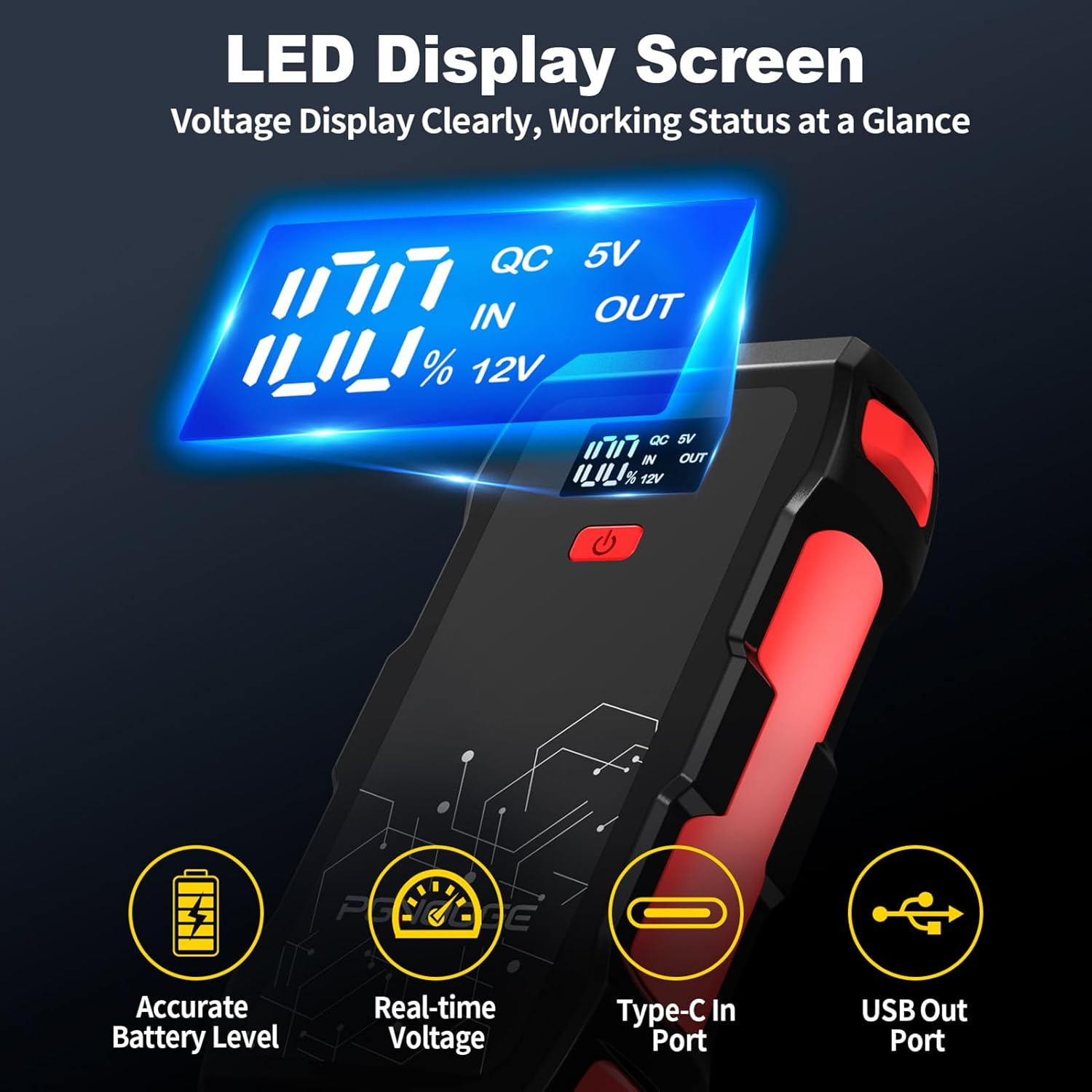 PGNOOGE 26800Mah 6000A Peak Car Jump Starter, Car Battery Booster for All Gas and up to 10L Diesel Engines, 12V Auto Emergency Jumper Starter with Flashlight, LED Display, USB Fast Charging