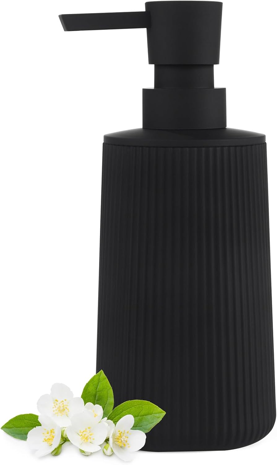 Grey Soap Dispenser, Small Hand Soap Dispenser for Bathroom, Refillable Dish Soap Dispenser for Kitchen Countertop, Modern Striped Liquid Soap Dispenser with Pump (Grey, Liquid)