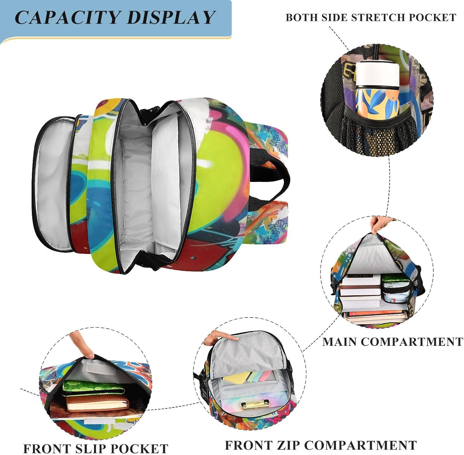 RPLIFE Colorful Graffiti Back Packs for Kids, Cool Backpacks for School for Boys, Girls Big Backpack, Colorful Graffiti, One Size, Traditional Backpacks image number 6