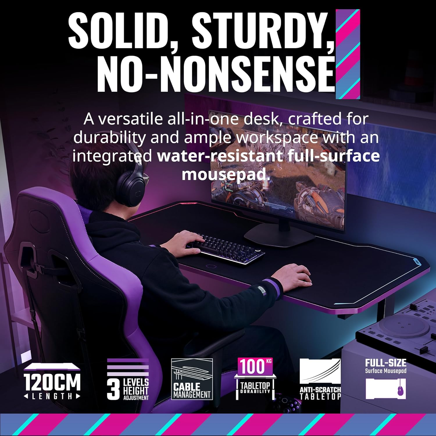 Cooler Master GD120 V1 PC Gaming Desk, Full Surface Water-Repellent Mousepad, 220Lbs Weight Support, 3 Height Levels, Cable Management Tray, 47.2D X 23.6W Workstation|Home Office image number 5